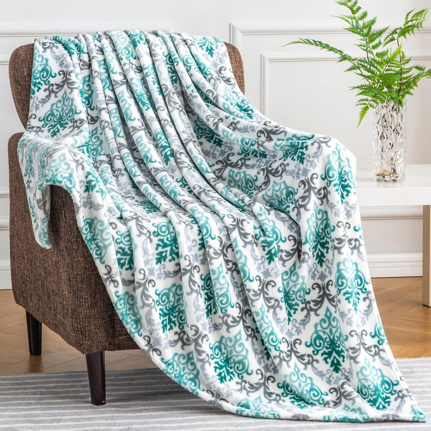 BEDELITE Fleece Throw Blanket for Couch and Bed, 350GSM Thick Oversized Spring Blanket 60 X 70 - Luxury Printed Soft Cozy Fuzzy Blankets Fit Farmhouse Boho Home Decor (Damask Blue)