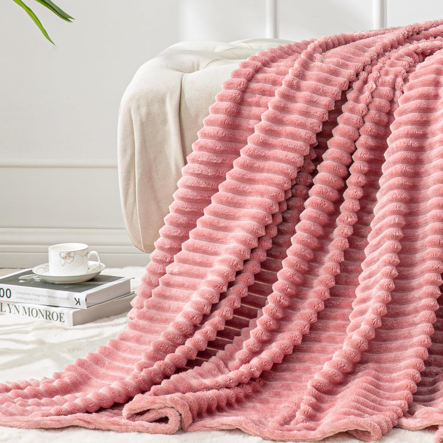 BEDELITE Fleece Throw Blanket for Couch  3D Ribbed Jacquard Soft and Warm Decorative Fuzzy Blanket  Cozy, Fluffy, Plush Lightweight Pink Throw Blankets for Bed, Sofa, 50x60 inches