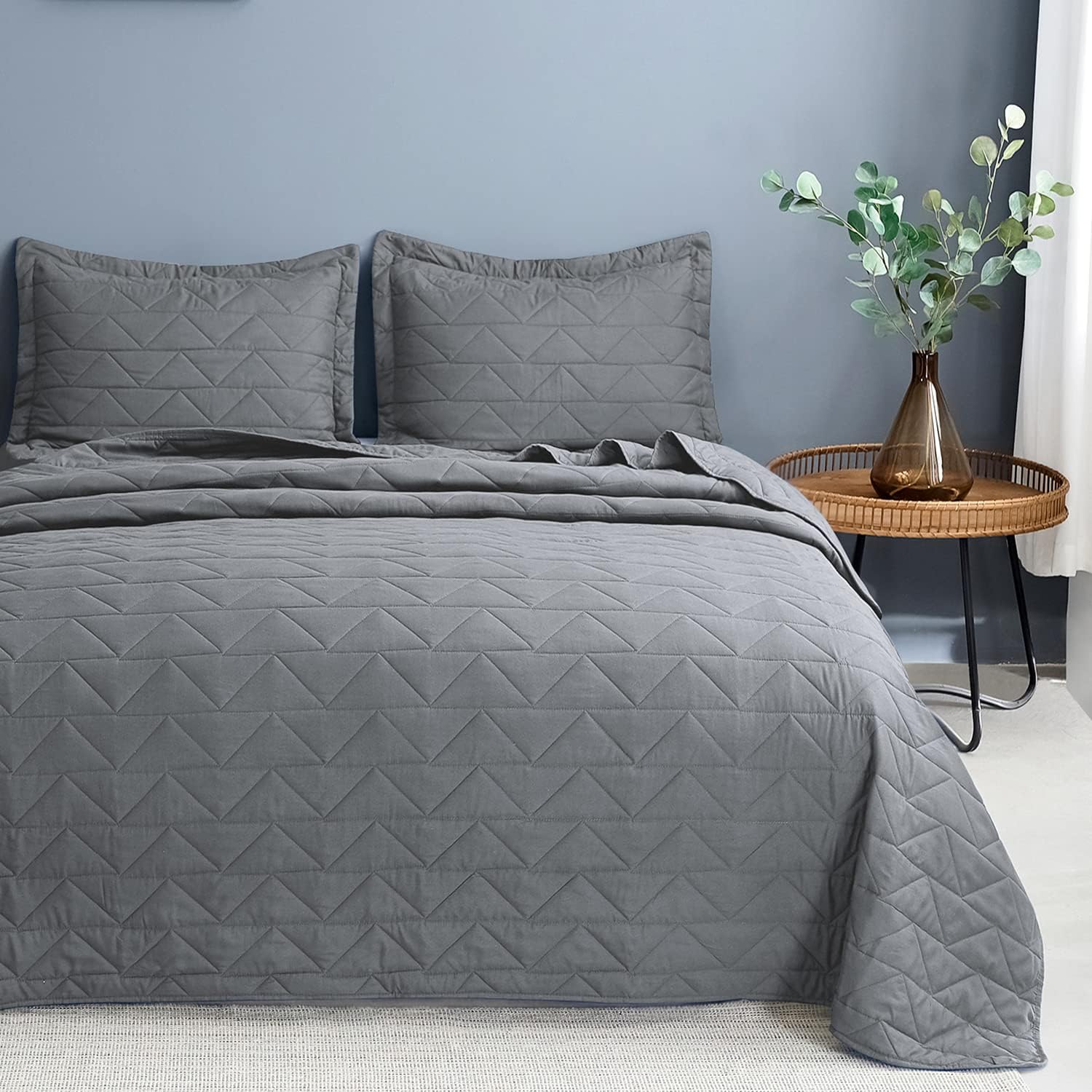 BEDELITE King Quilt Set - Summer Lightweight Bedspread King Size, Soft Coverlet Set Modern Weave Pattern Gray King Quilt Bedding Set 3 Pieces (1 Quilt 106 x 96 + 2 Pillow Shams)