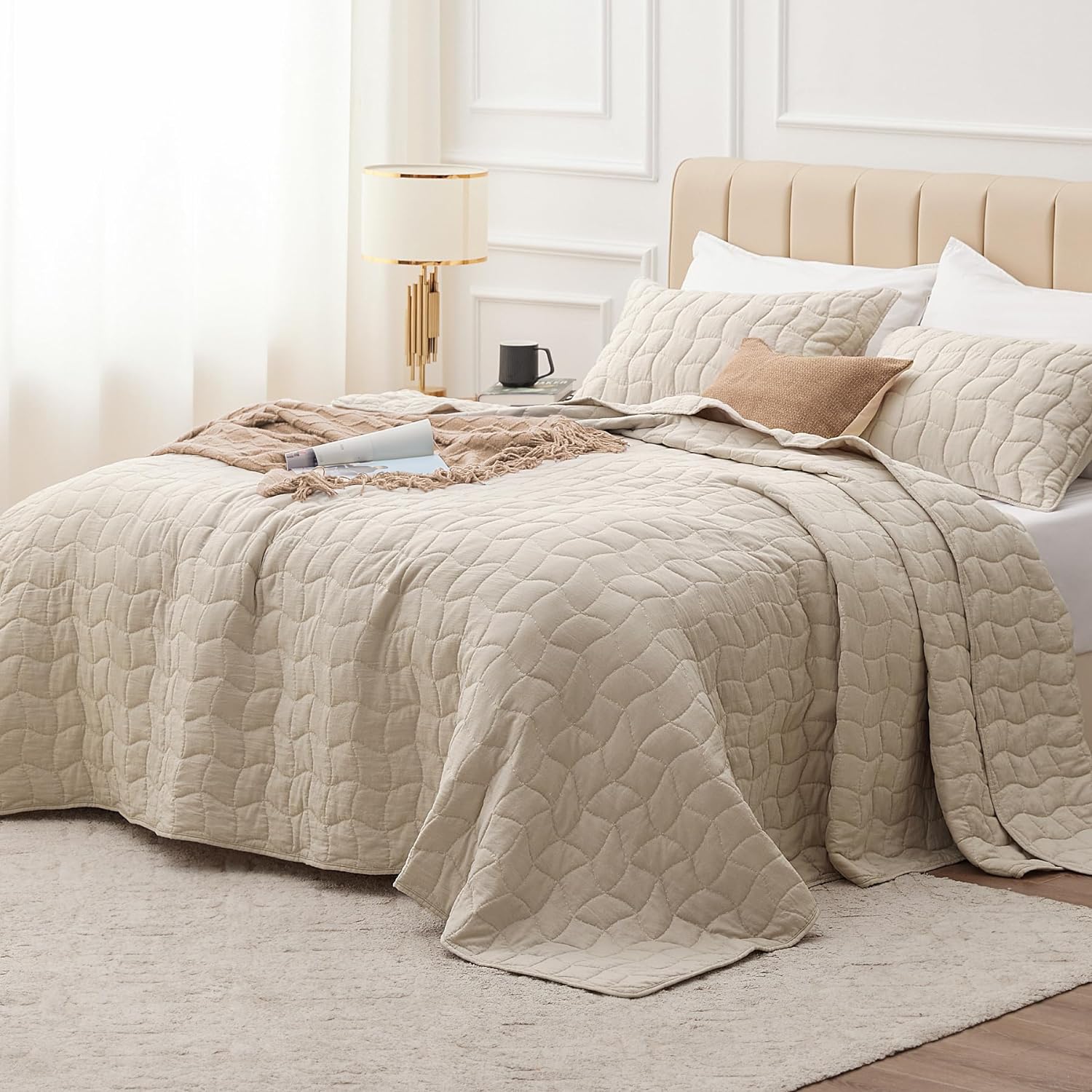 BEDELITE Ultra Soft Bone King Size Quilt Set 3 Piece - Modern Style Bed Quilt with Rice Stitch Embroidery - Nature Bedspread Coverlet for All Seasons (Linen, Includes 1 Quilt and 2 Pillow Shams)