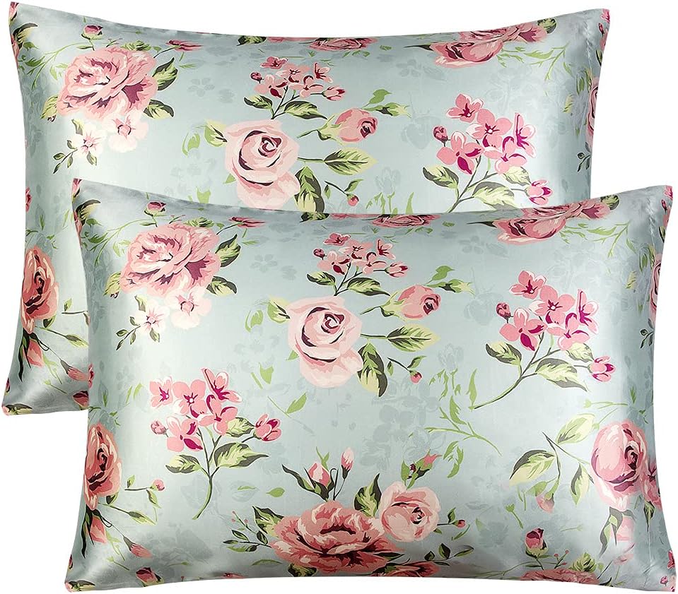 BEDELITE Floral Digital Printing Satin Pillowcase Set of 2, 20x26 Inches, Blush Color, Polyester Fabric, Envelope Closure, Machine Washable