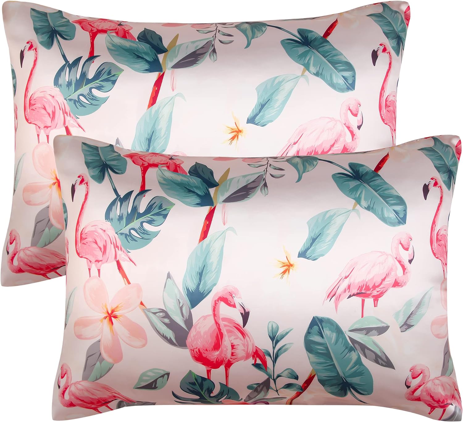 BEDELITE Satin Silk Pillowcase for Hair and Skin, Super Soft Pillow Cases Standard Size Set of 2 Pack, Digital Printing Cooling Pillow Case Cover with Envelope Closure (Flamingo, 20x26 Inches)