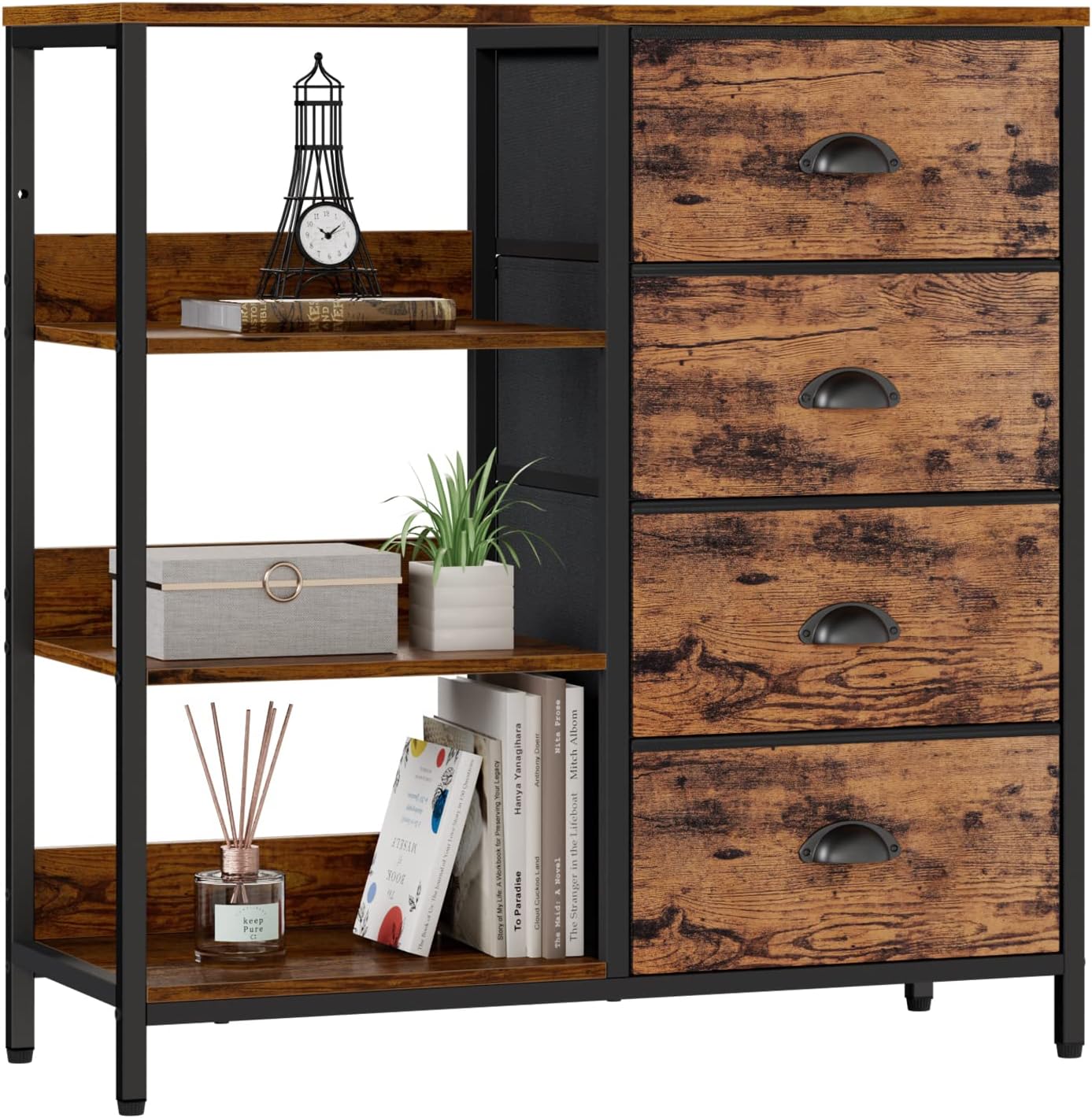 Furologee Fabric Dresser with 4 Drawers and Side Shelf,Industrial Lightweight Storage Unit Organizer for Entryway, Bedroom, Nightstand, Office, Kitchen (Rustic Brown)