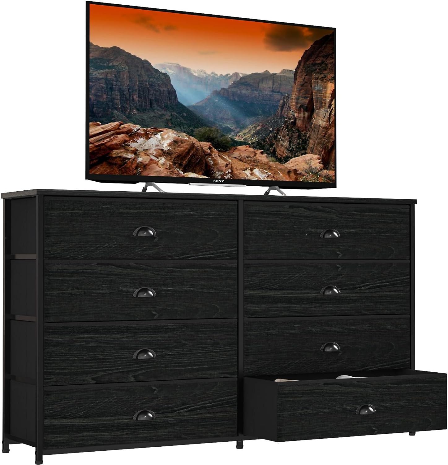 Furnulem Wide Dresser with 8 Fabric Drawers, TV Entertainment Center with Storage for 55'' TV, Large Chest of Drawers for Bedroom, Living Room, Dorm, Closet, Entryway, Wood Top (Black Oak)