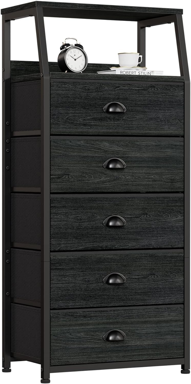 Furnulem Black Dresser with 5 Drawers, Vertical Storage Tower Fabric Dresser for Bedroom, Hallway, Entryway, Nursery, Closet Organizer, Nightstand Bedside Table Furniture, Sturdy Steel Frame, Wood Top