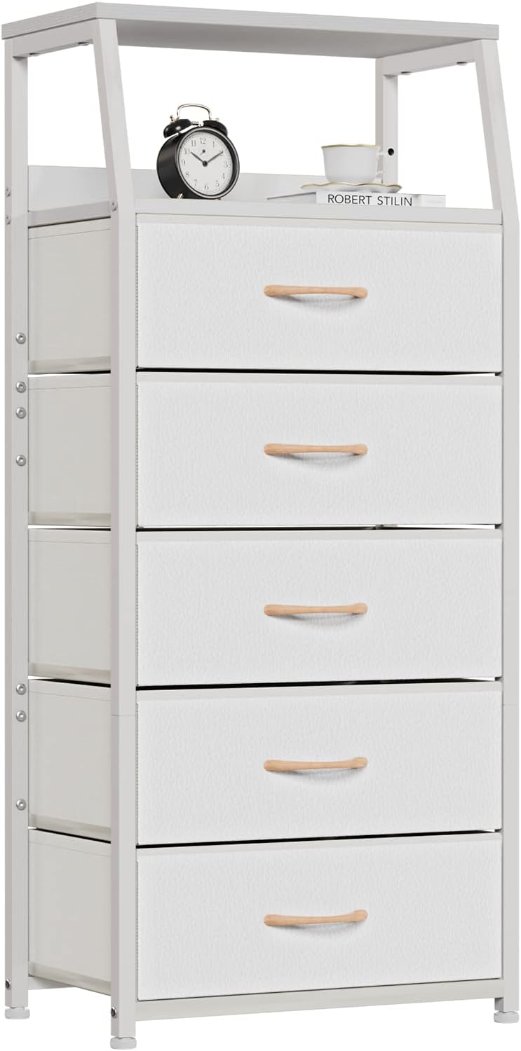 Furnulem White Dresser with 5 Drawers, Vertical Storage Tower Fabric Dresser for Bedroom, Hallway, Entryway, Nursery, Closet Organizer, Nightstand Bedside Table Furniture, Sturdy Steel Frame, Wood Top