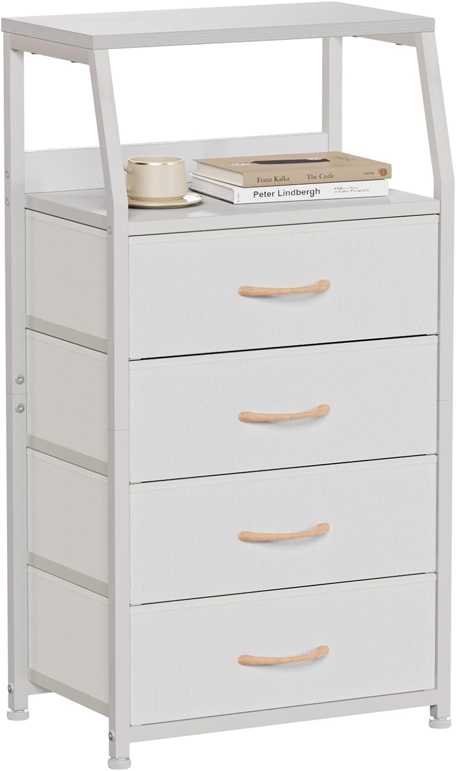 Furnulem Tall 4 Drawers Dresser, Vertical Storage Tower for Bedroom, Hallway, Entryway, Nursery, Closet Organizer, Nightstand Bedside Table Furniture, Sturdy Steel Frame, Wood Top, White