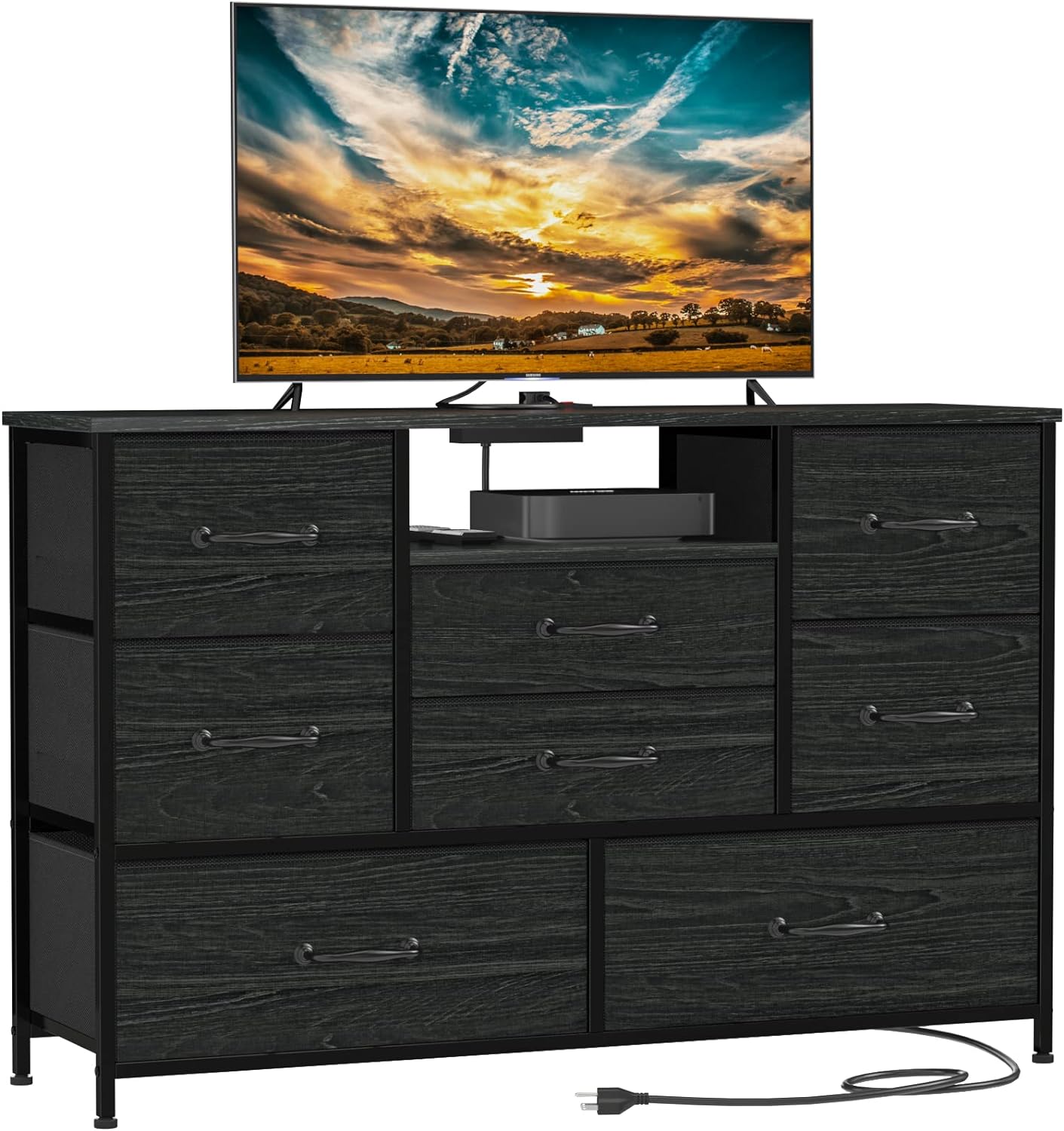 Furnulem Dresser TV Stand with Power Outlet for 55'' Long TV, Entertainment Center with 8 Deep Drawers,Wide Chest of Drawer for Storage in Bedroom,Closet,Living Room,Hallway(Black Oak)