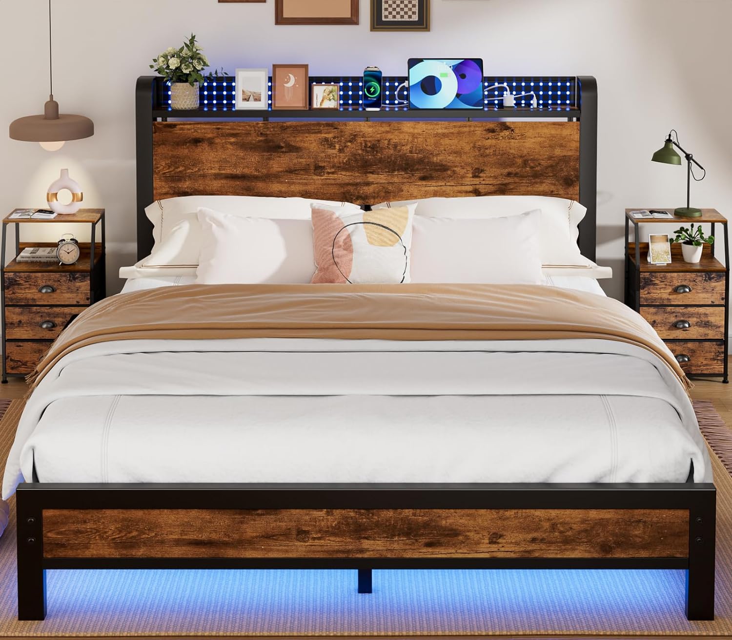 Furnulem Queen Bed Frame with LED Lights,Industrial Storage Headboard with Power Outlet and USB Port,Wood Platform with Strong Metal Support,No Box Spring Needed, Noise Free