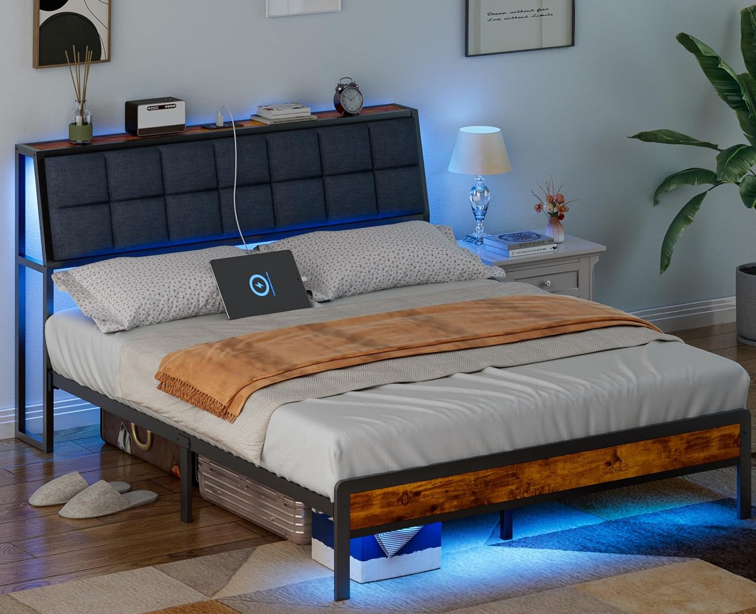 Furnulem Platform Bed Frame Queen Size with Headboard,Built-in LED Light and USB Port Charging, Removable Bedside Shelf and Ergonomics Upholstered Backrest,No Box Spring Needed,Noise Free