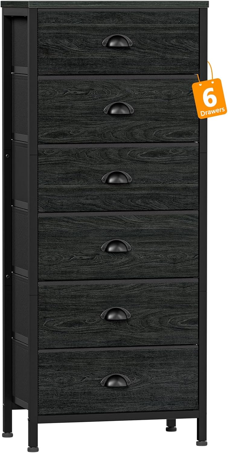 Furnulem Tall Dresser with 6 Drawers,Vertical Bedside End Table and Chest for Bedroom, Black Furniture with Fabric Drawer Nightstand Organizer Unit in Living Room,Closet,Entryway,Hallyway