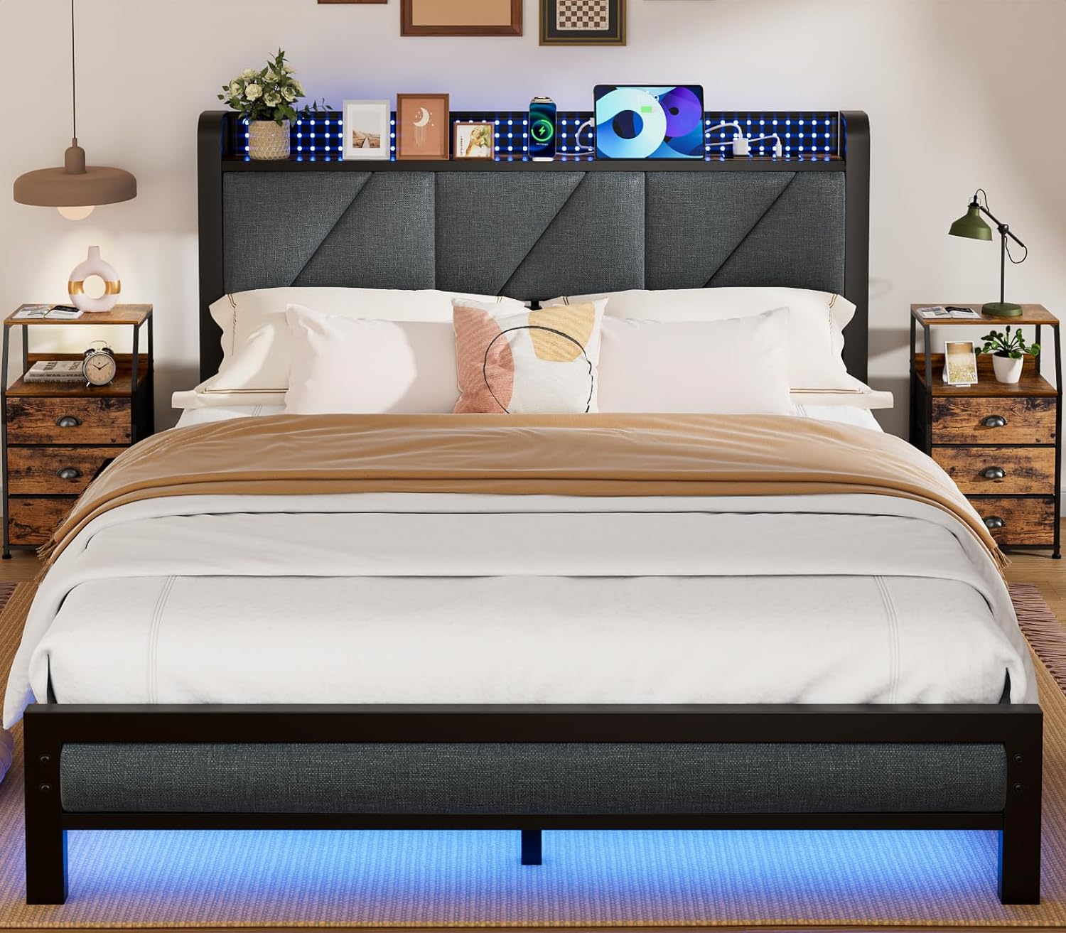 Furnulem Queen Size Bed Frame with Headboard and LED Lights,Upholstered Bedframe with Charging Station and USB Port, Platform Metal Bed Frame,No Box Spring Needed, Noise Free