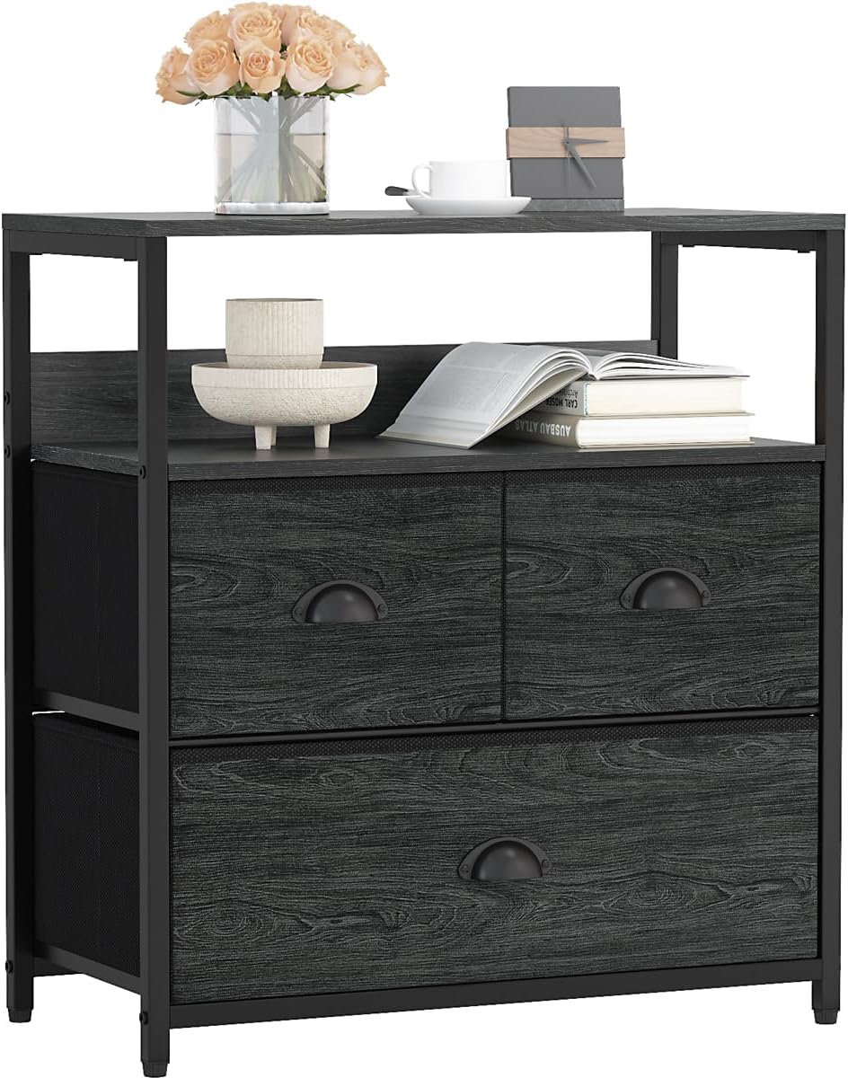 Furologee Nightstand with 3 Drawers, Bedside Table with Storage Shelf, Closet Organizer, Rustic Fabric Linen Bins & Wooden Top for Bedroom, Hallway, Hotel (Black Oak)