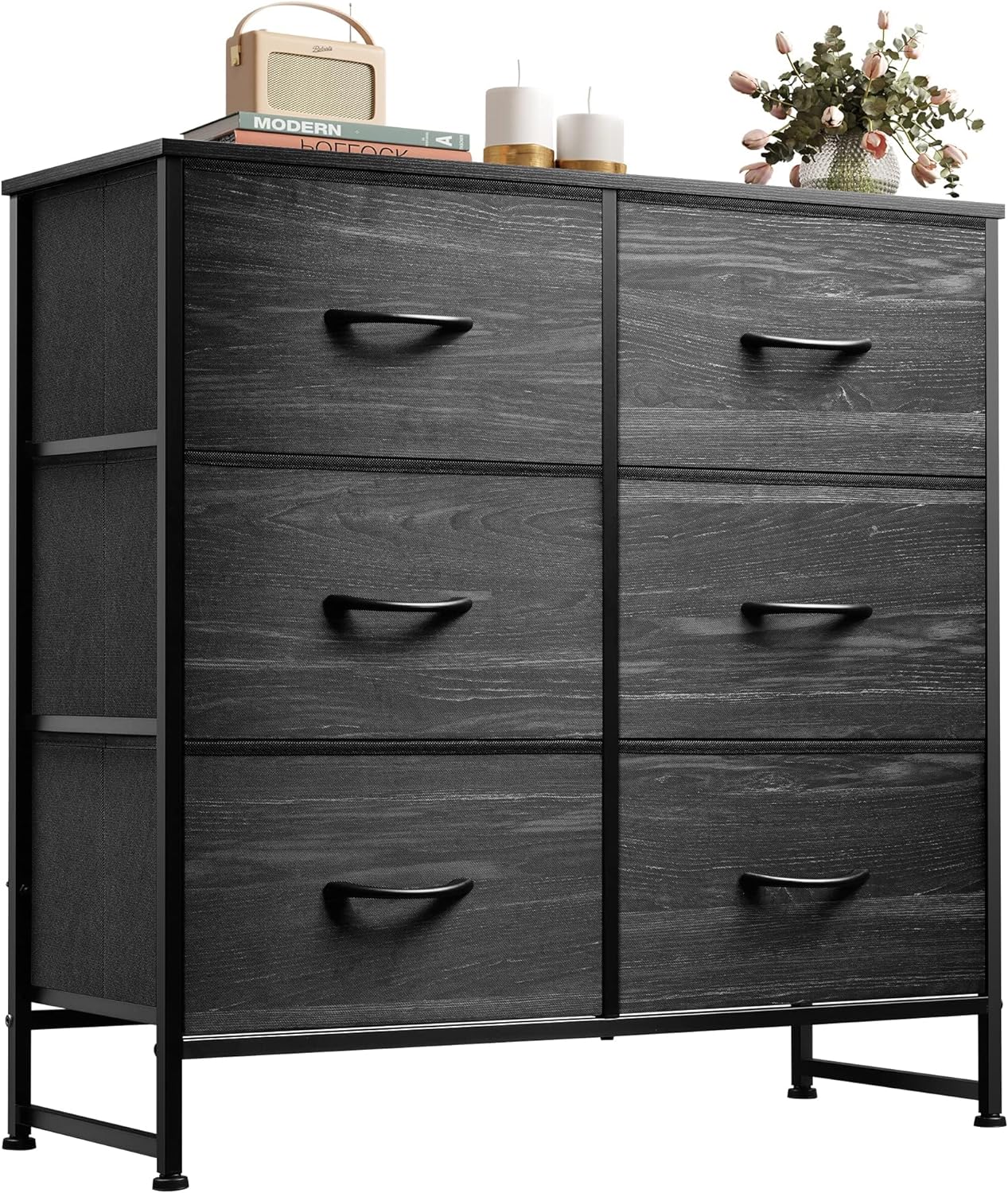 WLIVE Fabric Dresser for Bedroom, 6 Drawer Double Dresser, Storage Tower with Fabric Bins, Chest of Drawers for Closet, Living Room, Hallway, Charcoal Black Wood Grain Print