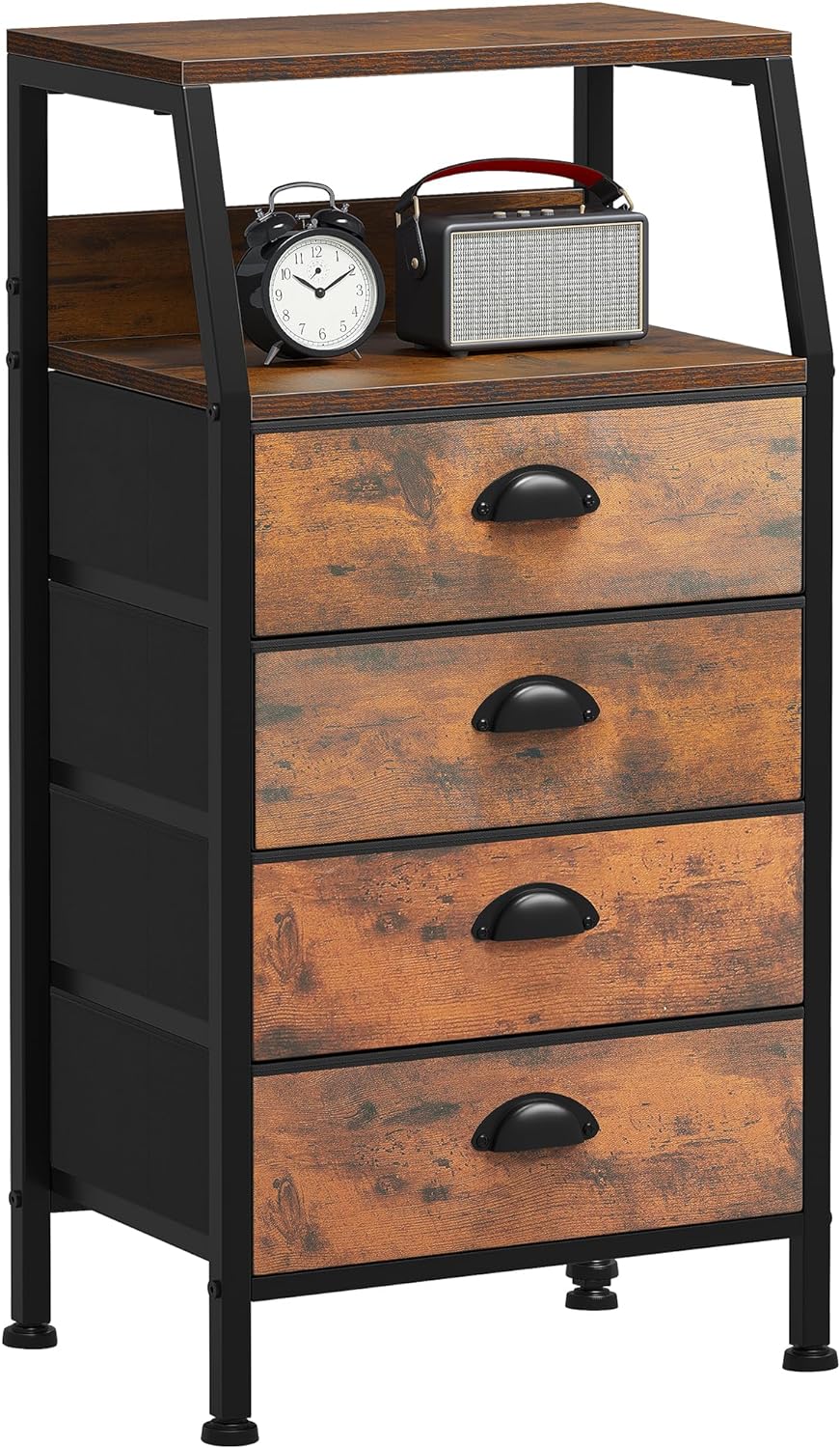 YITAHOME Vertical Dresser with 4 Drawers, Nightstand Fabric Storage Tower for Bedroom, Hallway, Entryway, Closets, with Sturdy Steel Frame, Wood Top, Easy Pull Handles, Rustic Brown Wood Grain Print