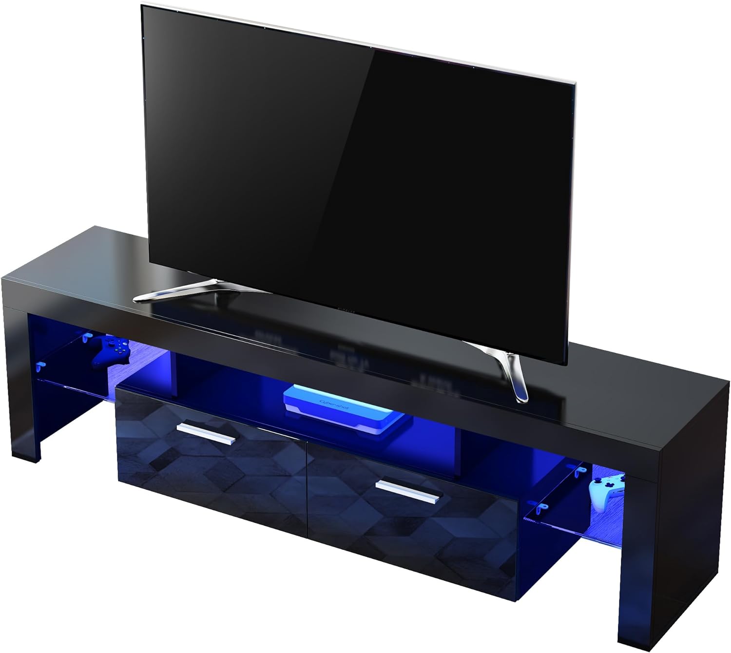 Modern Black TV Stand for 55+/65+/70/75 Inch TV, Entertainment Center, LED Media Console, TV Table with Storage & Glass Open Shelves for Bedroom, Living Room