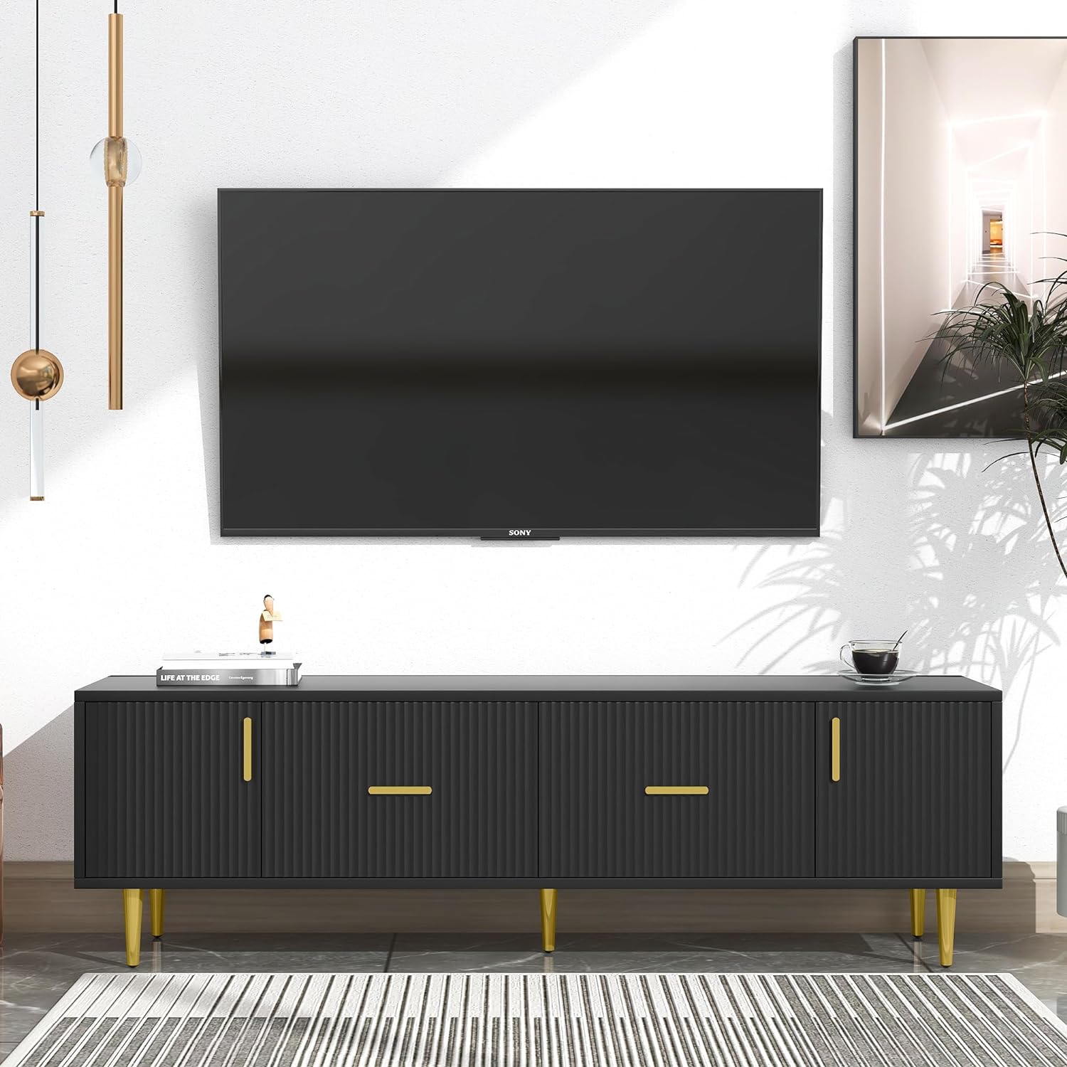 Amposei Mid-Century Modern TV Stand for 75 TV, Wooden Media Entertainment Center Living Room Console Storage Cabinet with Tapered Legs, 67-Inch, Black