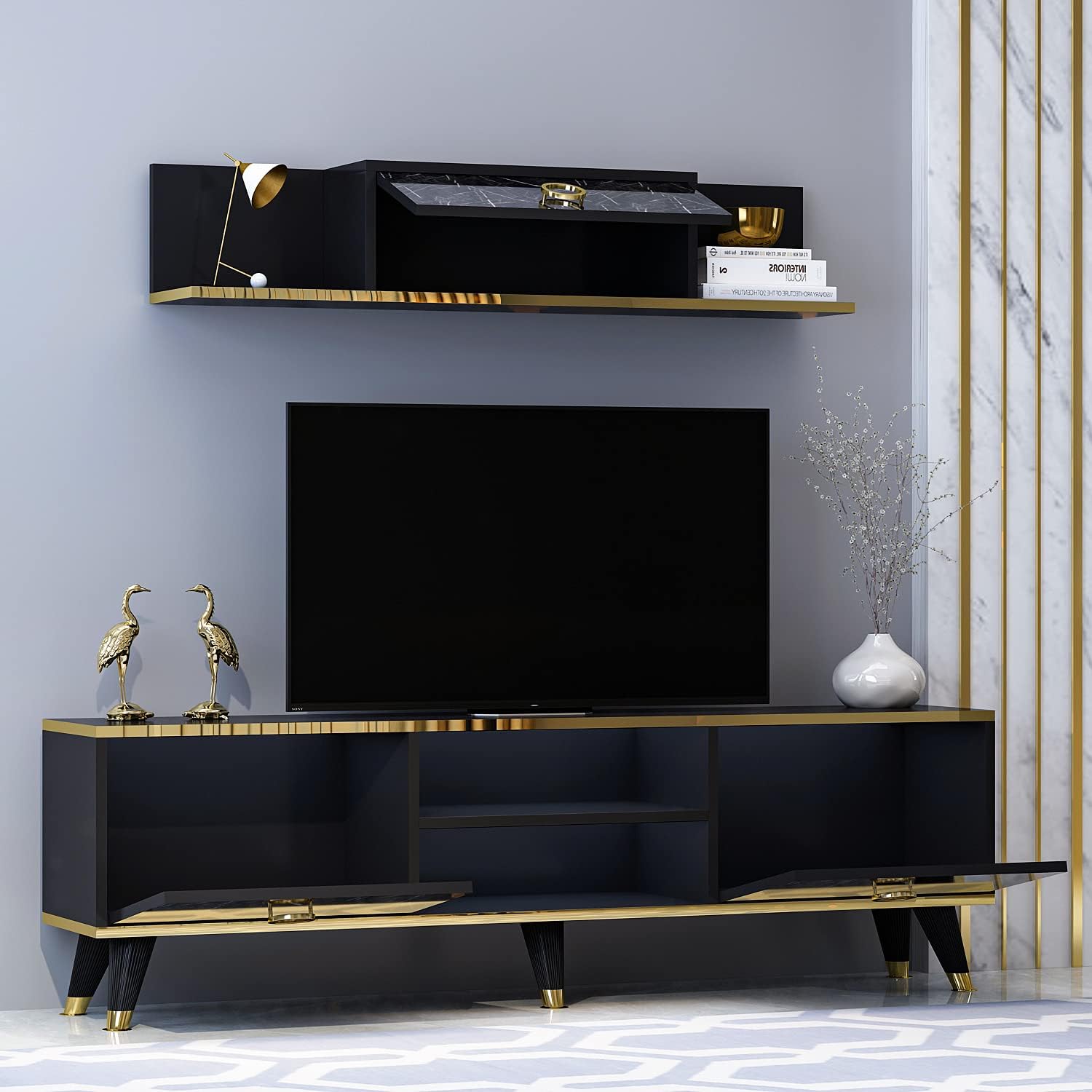 Sophia TV Stand - Lowboard - TV Bench with Floating Shelf in Oriental Design for Living Room or Office (Black)