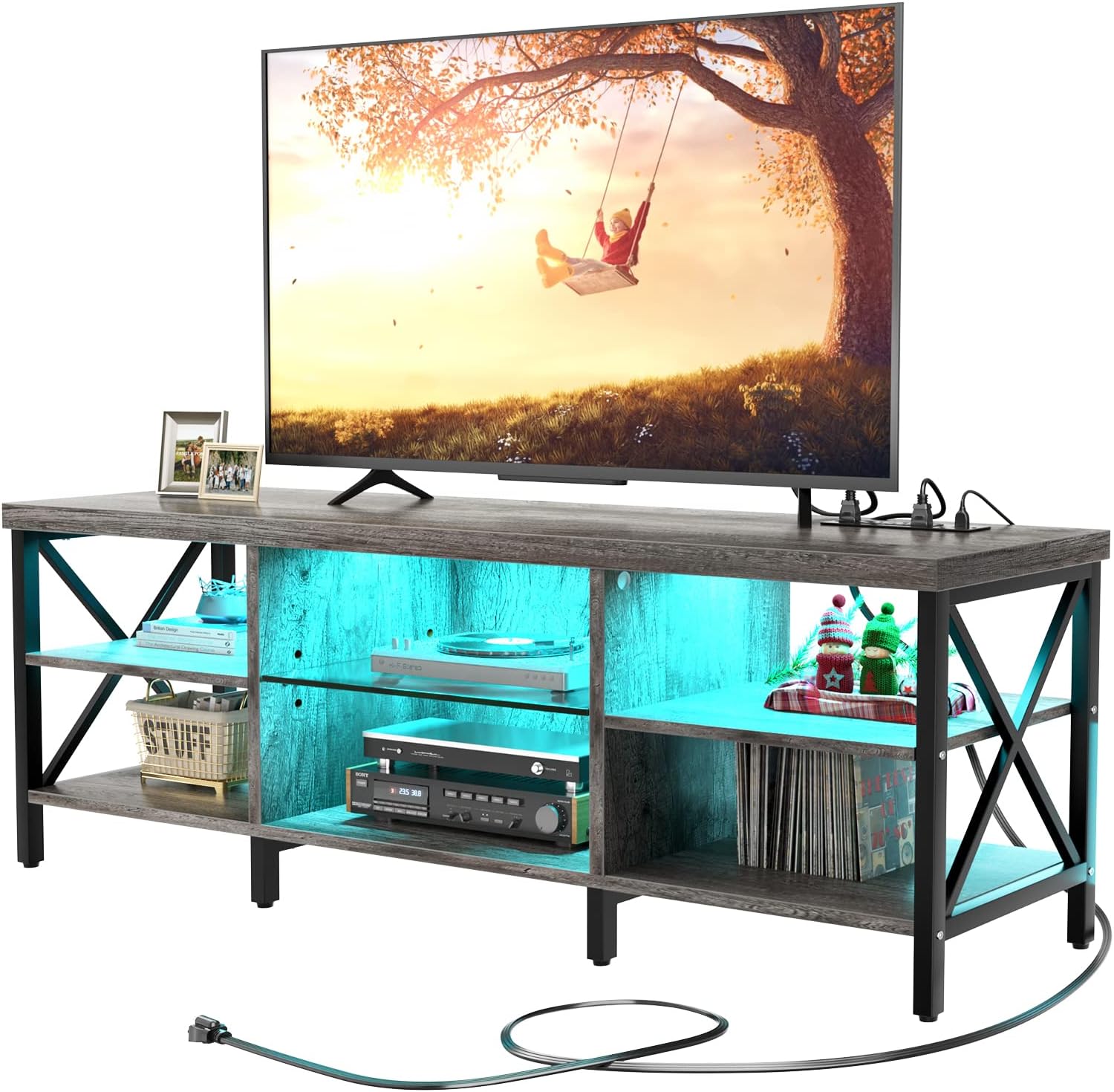 Homieasy LED TV Stand for TV up to 65 inches, 55 Inch Entertainment Center with Charging Station, Stunning Sturdy Modern Industrial TV Console with Open Shelves for Living Media Room, Black Oak