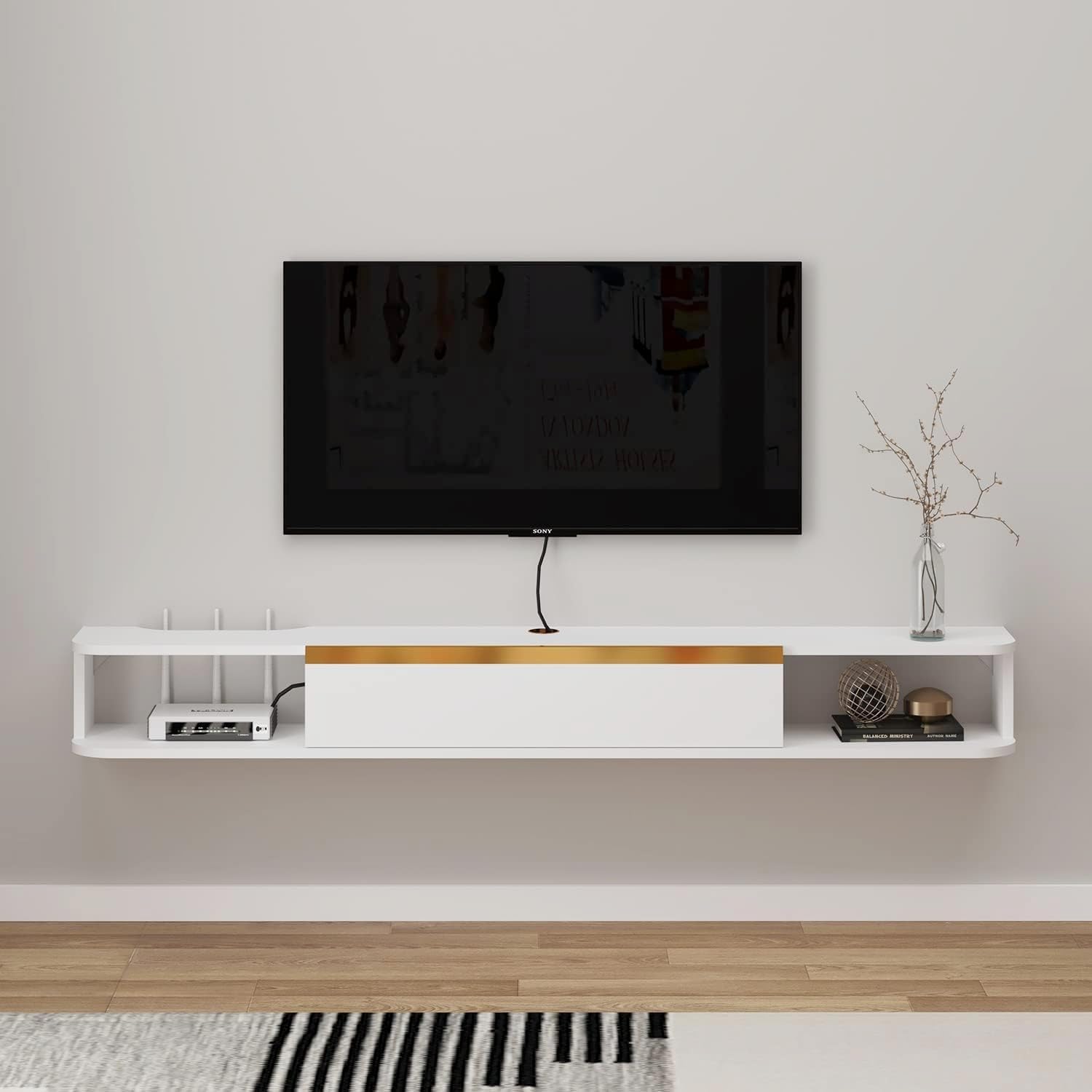 Floating TV Stand, 47'' Wall Mounted Entertainment Center TV Media Console, Floating Shelves with Door, Floating TV Cabinet Large Storage TV Bench for Living Room (White, 47.63IN)