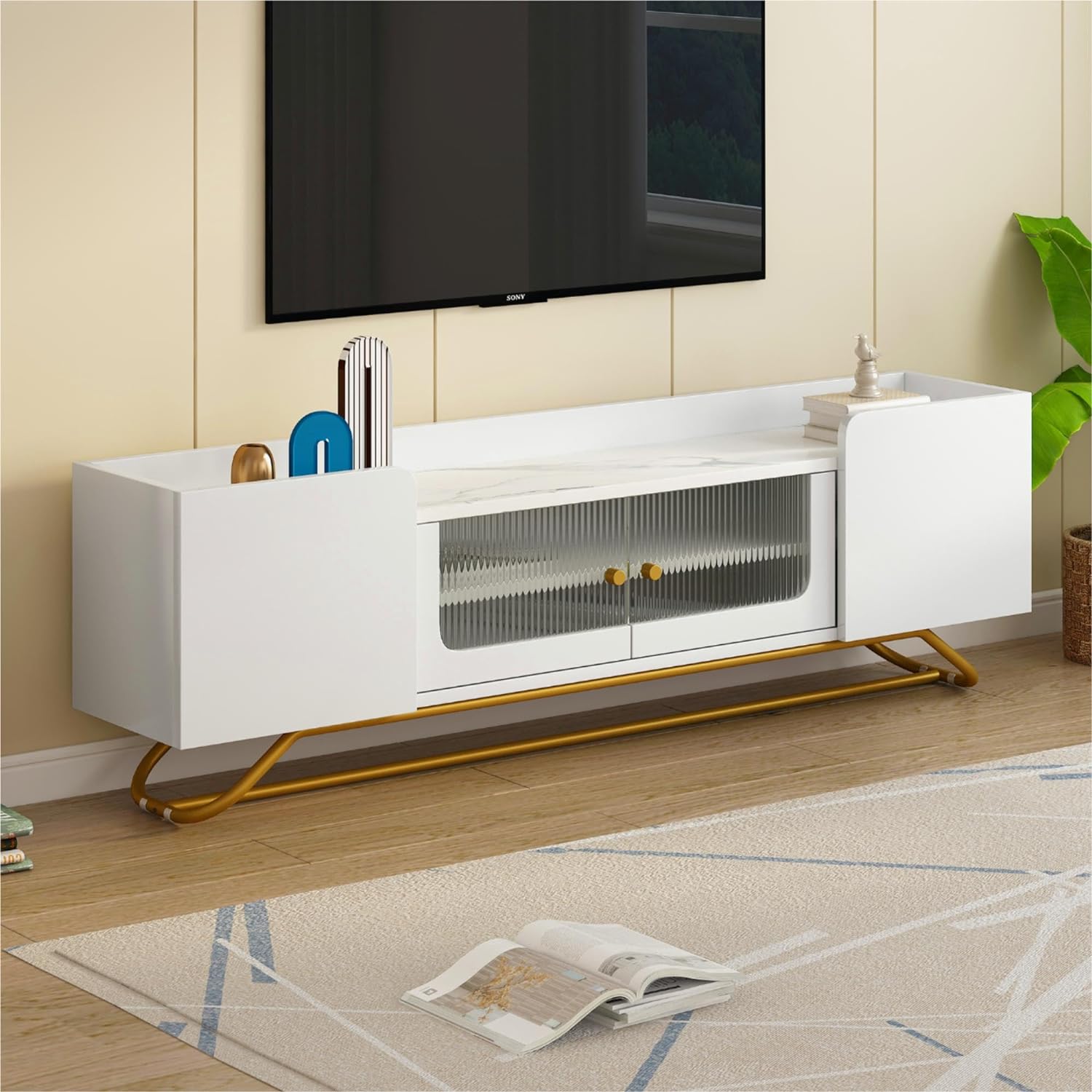 Voohek Stand for 65 Inch Television, with Faux Marble Top, Entertainment Center w/Storage and Fluted Glass, Media Console Table, Used in Living Room Bedroom, for 65 TV/Modern, White