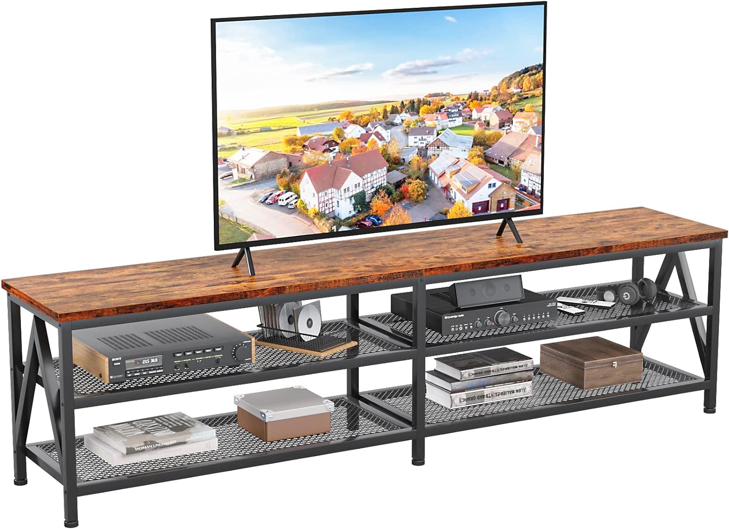 Furologee TV Stand for 75 80 inch TV, Extra Long 71 Entertainment Center, Industrial TV Console Table with 3 Tiers Open Storage Shelves for Living Room, Bedroom, Rustic Brown