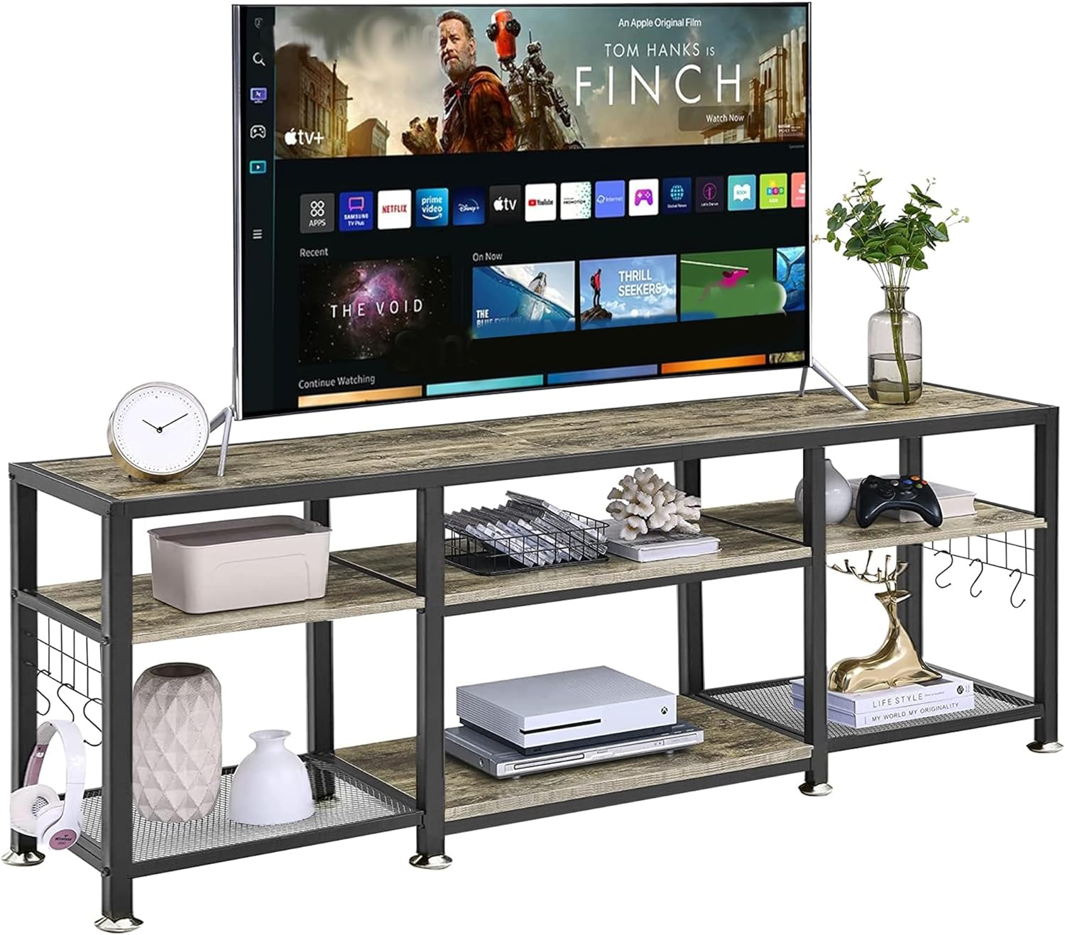 VECELO TV Stand for Televisions up to 65 Inch, Industrial Entertainment Center with 3-Tier Open Storage Shelves& Hooks for Living, Bedroom and Gaming Room, 55-inch, Grey