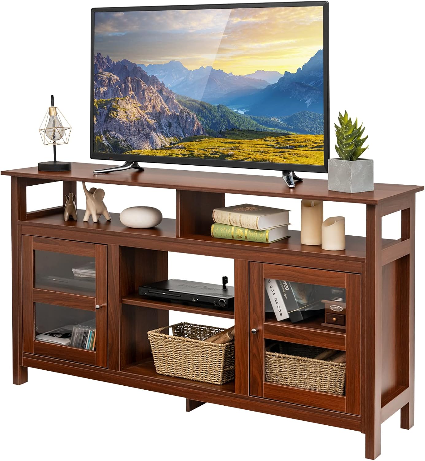 Tangkula Farmhouse TV Stand for TVs up to 65 Flat Screen, Wooden TV Console Table w/2 Cabinets & 4 Shelves, Home Living Room Furniture, Entertainment Center for 18 Electric Fireplace (Not Included)