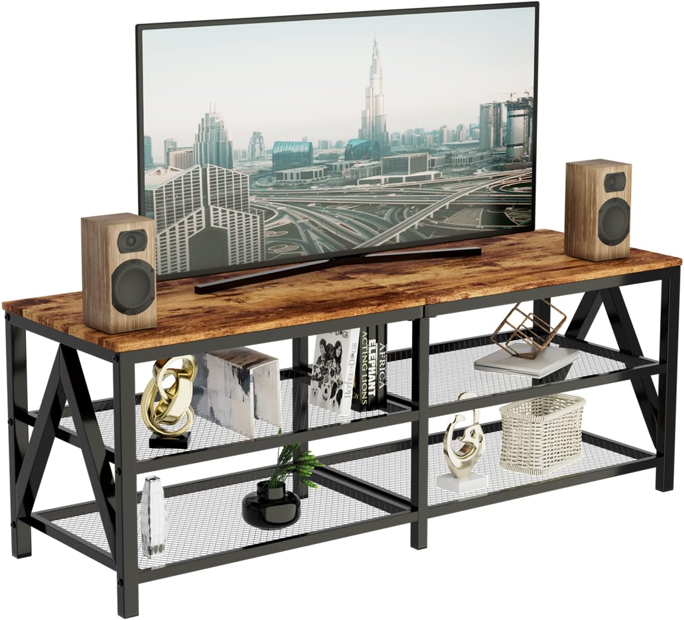 TV Stand for 60 65 Inch TV, Long 55 Entertainment Center 3-Tier TV Console Steel Frame Industrial Style TV Cabinet with Metal Frame for Living Room, Rustic Brown Wooden and Black