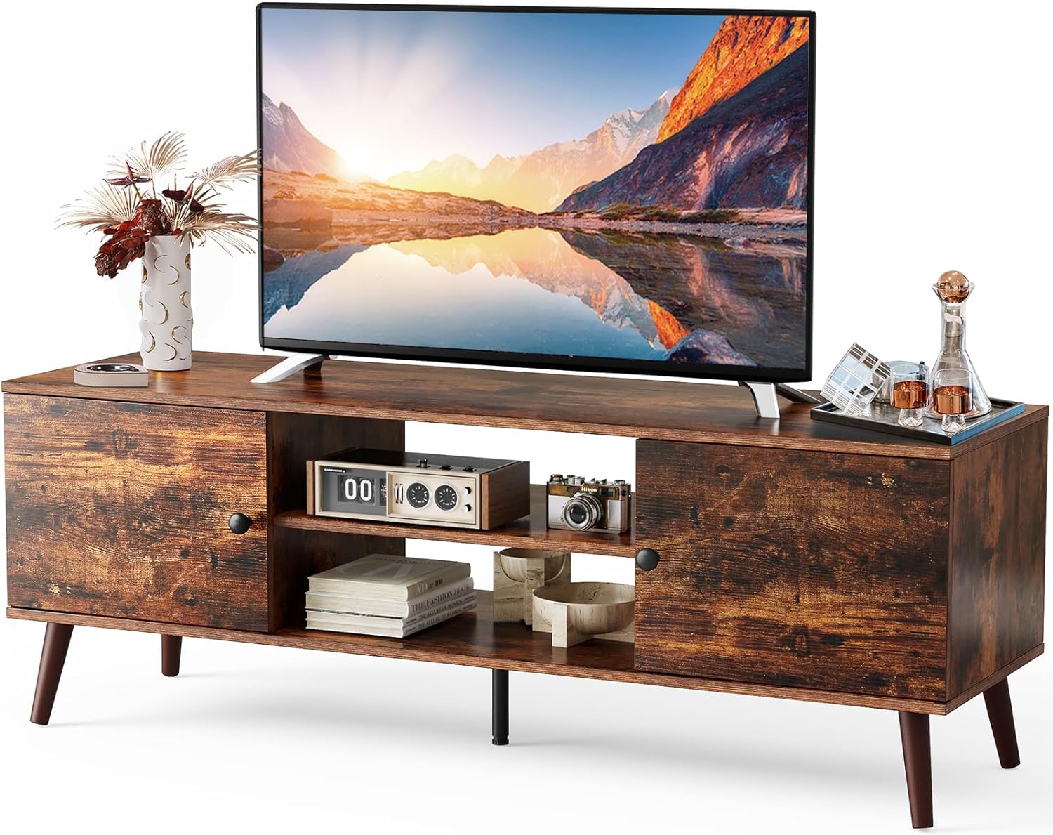 DUMOS TV Stand for 55 60 inch TV, Entertainment Center with Storage Cabinet, Mid Century Modern Media Console Table, Adjustable Hinge, Wooden Television Furniture for Living Room, Office, Retro Brown