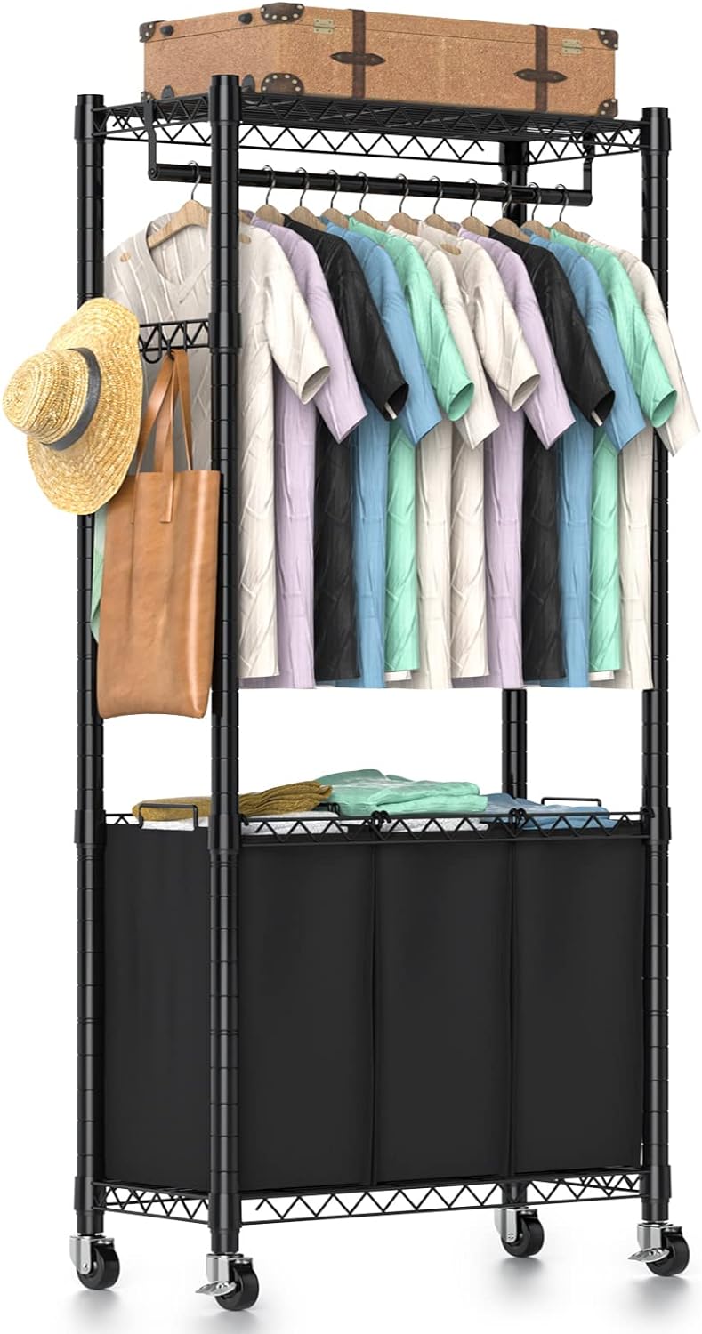 Rolling Laundry Basket Organizer with Wheels and Hanging Bar, Laundry Hamper Cart Laundry Sorter 3 Section, Dirty Clothes Hampers for Laundry Bedroom Bathroom w/ 3 Removeable Bags, Black