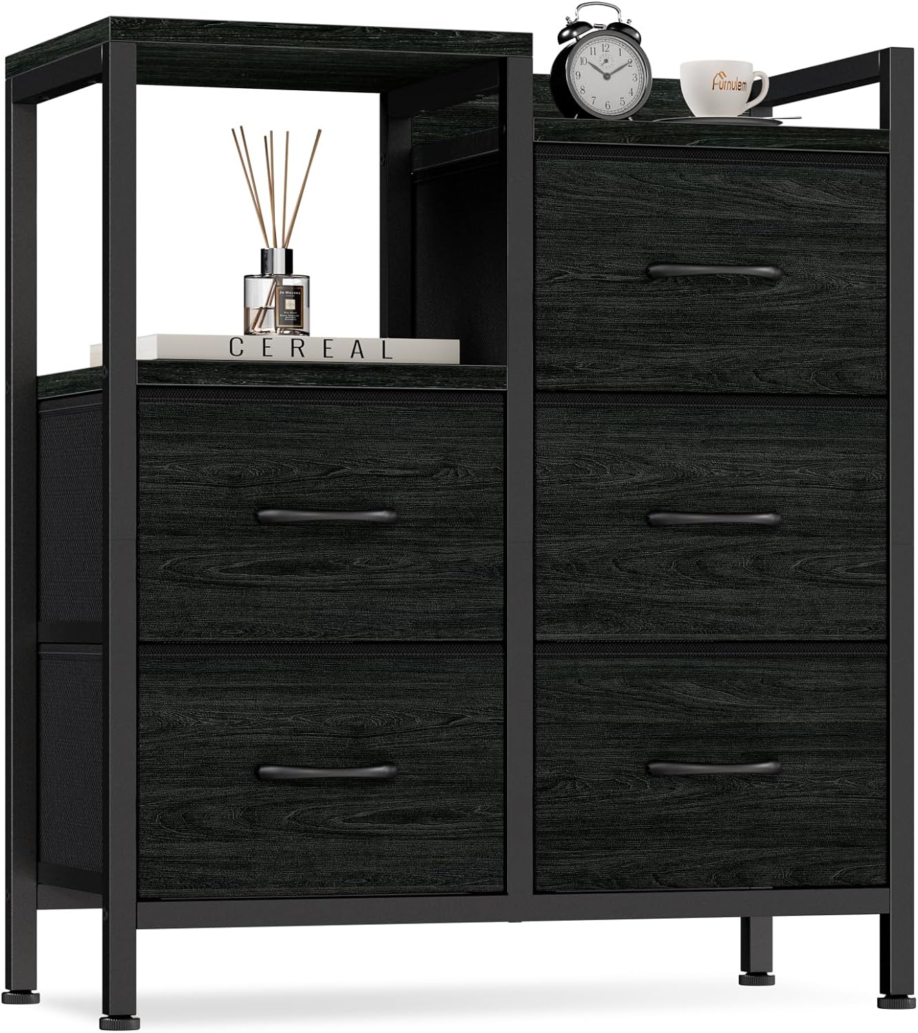 Furnulem Dresser for Bedroom with 5 Fabric Drawers,Small Chest Organizer Unit with 2-Tier Storage Shelf for Bedside,Closet,Entryway,Living Room,Nursery - Sturdy Frame & Wooden Top(Black Oak)