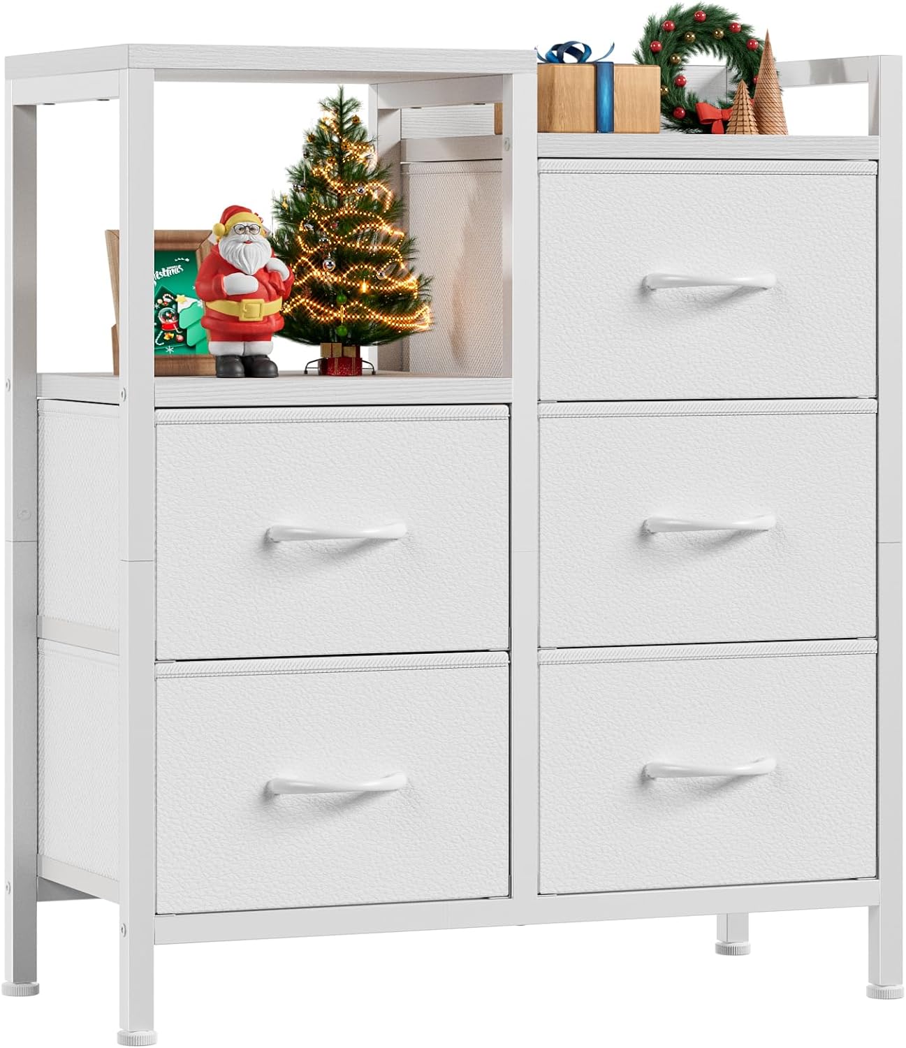 Furnulem White Dresser for Bedroom, Small Nightstand with 2-Tier Open Shelf and 5 Fabric Drawers, Storage Unit Organizer Tower Furniture for Living Room, Hallway, Dorm, Closets(White)