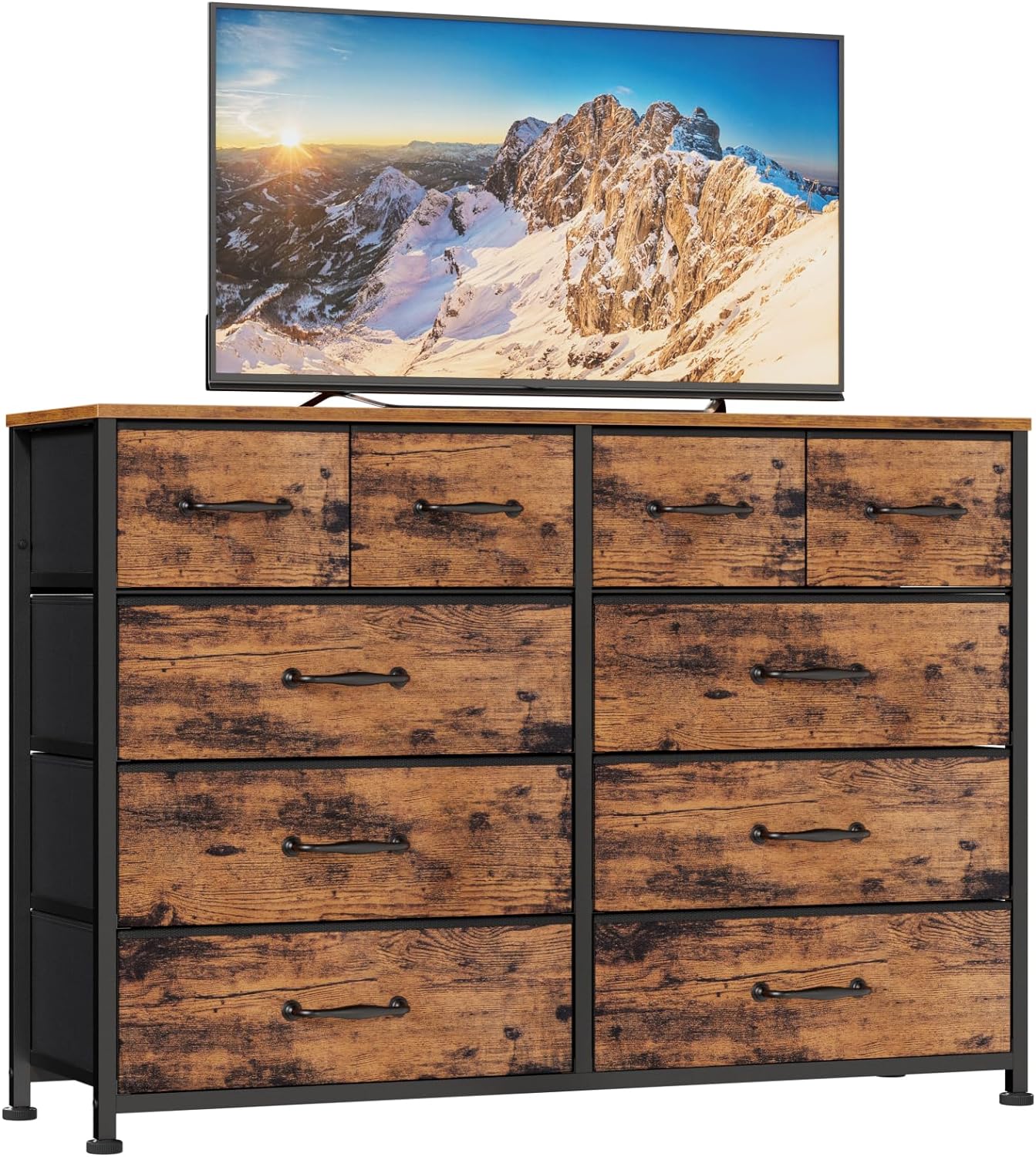 Furnulem 10 Drawer Dresser for Bedroom, Large Dresser for 55'' Long TV Stand Entertainment Center, Storage Organizer for Closet, Living Room, Entryway, Fabric Bins, Wood Top, Metal Frame(Rustic Brown)