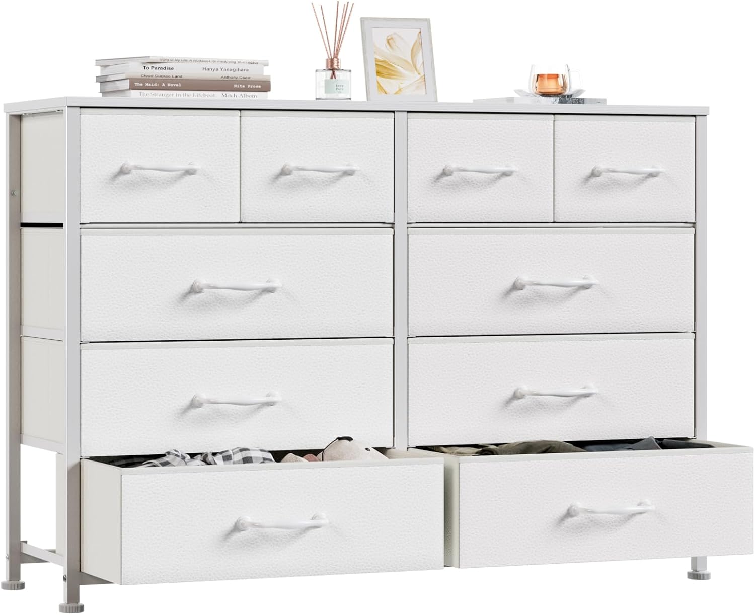 Furnulem 10 Drawers Dresser for Bedroom, White Dresser for 55'' Long TV Stand Entertainment Center, Storage Organizer for Closet, Living Room, Entryway, Fabric Bins, Wood Top, Metal Frame(White)