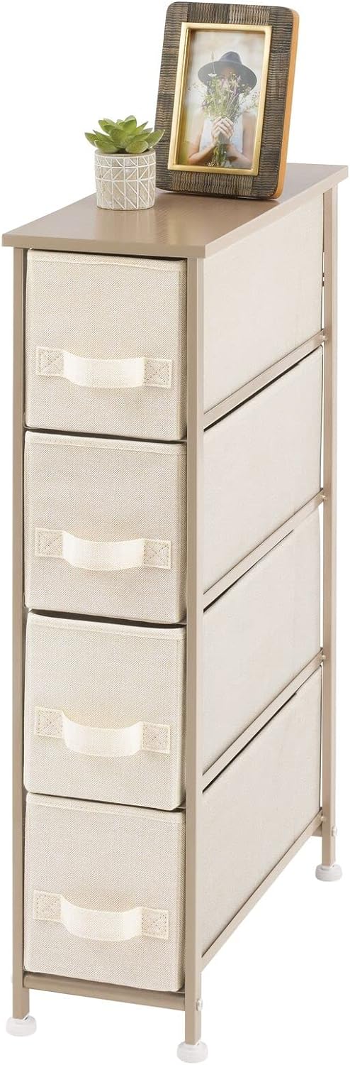 mDesign Narrow Dresser Storage Tower Stand with 4 Removable Fabric Drawers - Steel Frame, Wood Top Organizer for Bedroom, Entryway, Closet - Lido Collection - Cream/Gold