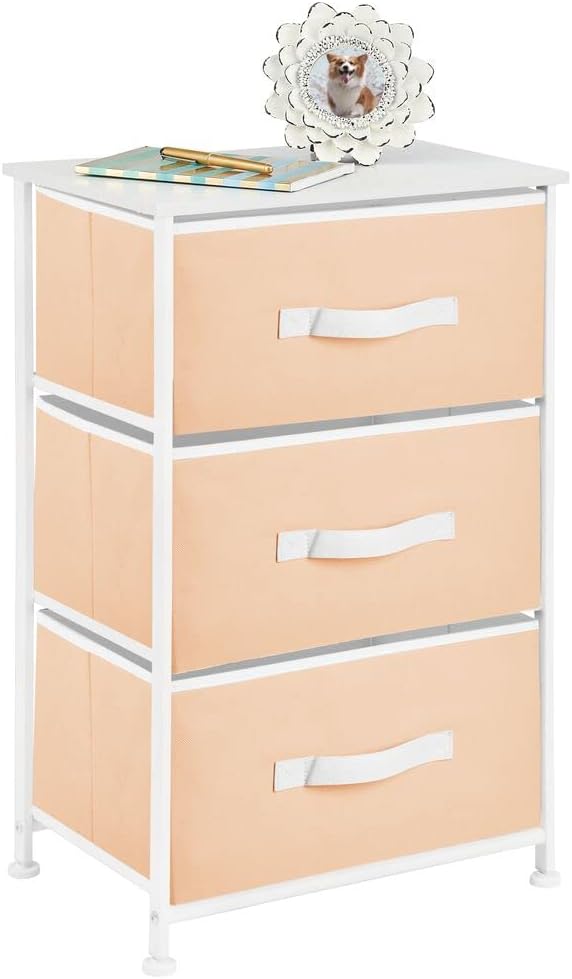 mDesign Steel Top and Frame Storage Dresser Tower Unit with 3 Removable Fabric Drawers for Bedroom, Living Room, or Bathroom - Holds Clothes, Accessories, Jane Collection - Cantaloupe/White