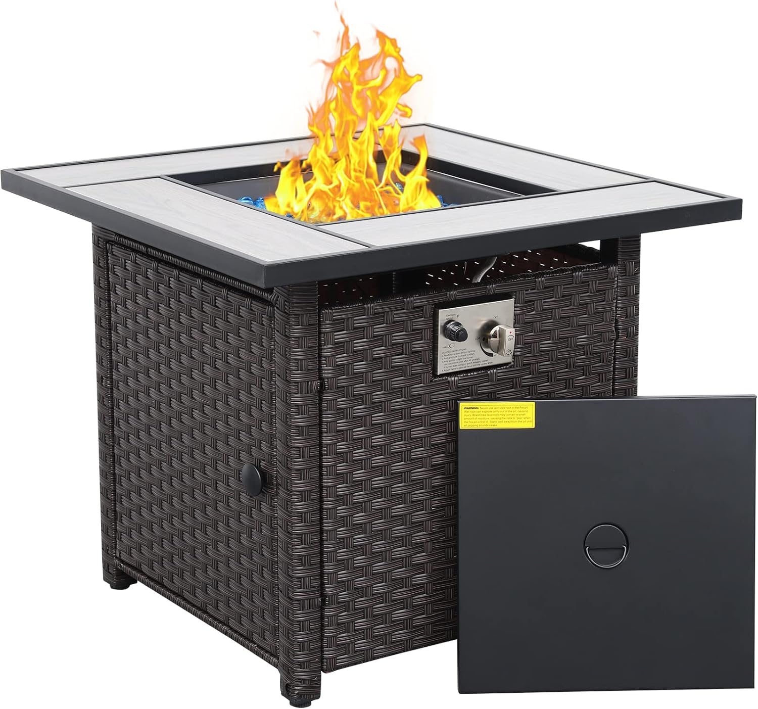 50000 BTU Brown Wicker Gas Fire Pit Outdoor Fire Pit Table 30 Inch Fire Pits for Outside with Woodgrain Marble Tabletop Fire Pit Cover and Blue Crystal Beads
