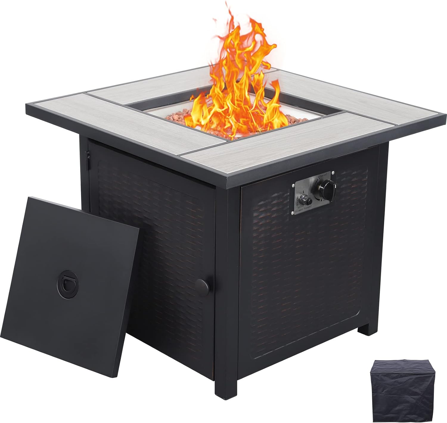30 Inch Fire Tables 50000 BTU Outdoor Fire Pits for Outside Steel Gas Fire Table with Fire Pit Lid Wooden Marble Tabletop and Waterproof Cover Lava Rock