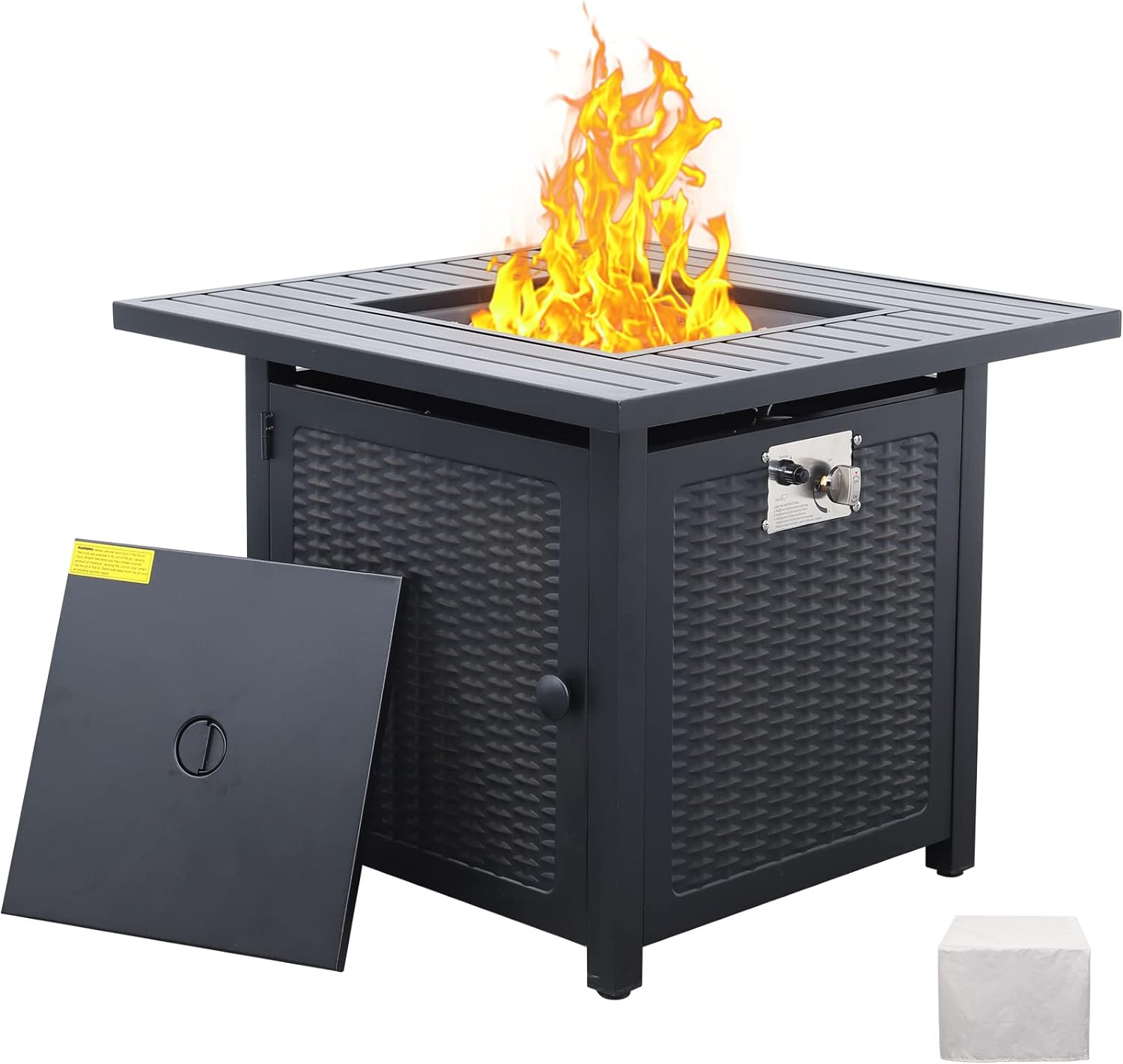 30 Inch Fire Tables 50000 BTU Outdoor Fire Pits for Outside Steel Gas Fire Table with Fire Pit Lid Wooden Marble Tabletop and Waterproof Cover and Lava Rocks
