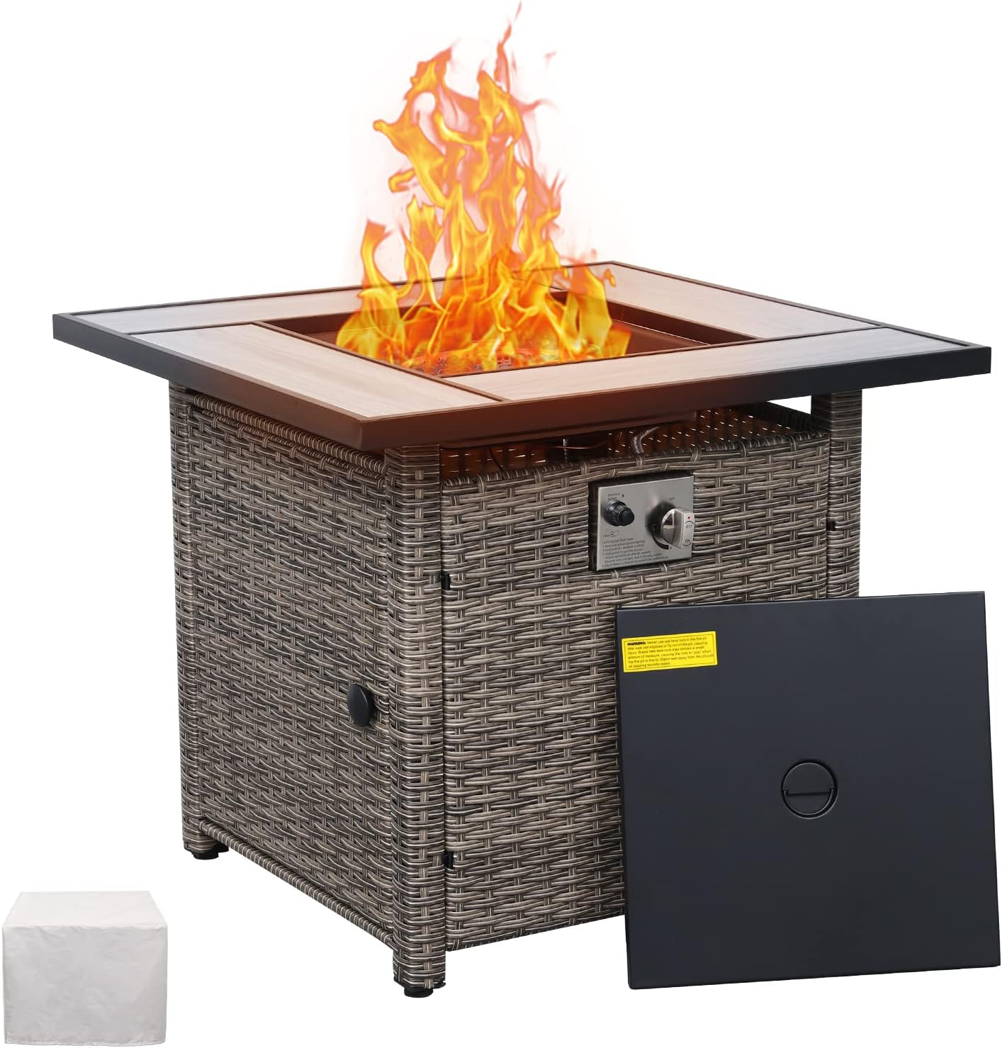 50000 BTU Wicker Gas Fire Pit Outdoor Fire Pit Table 30 Inch Fire Pits for Outside with Woodgrain Marble Tabletop Fire Pit Cover and Blue Crystal Beads