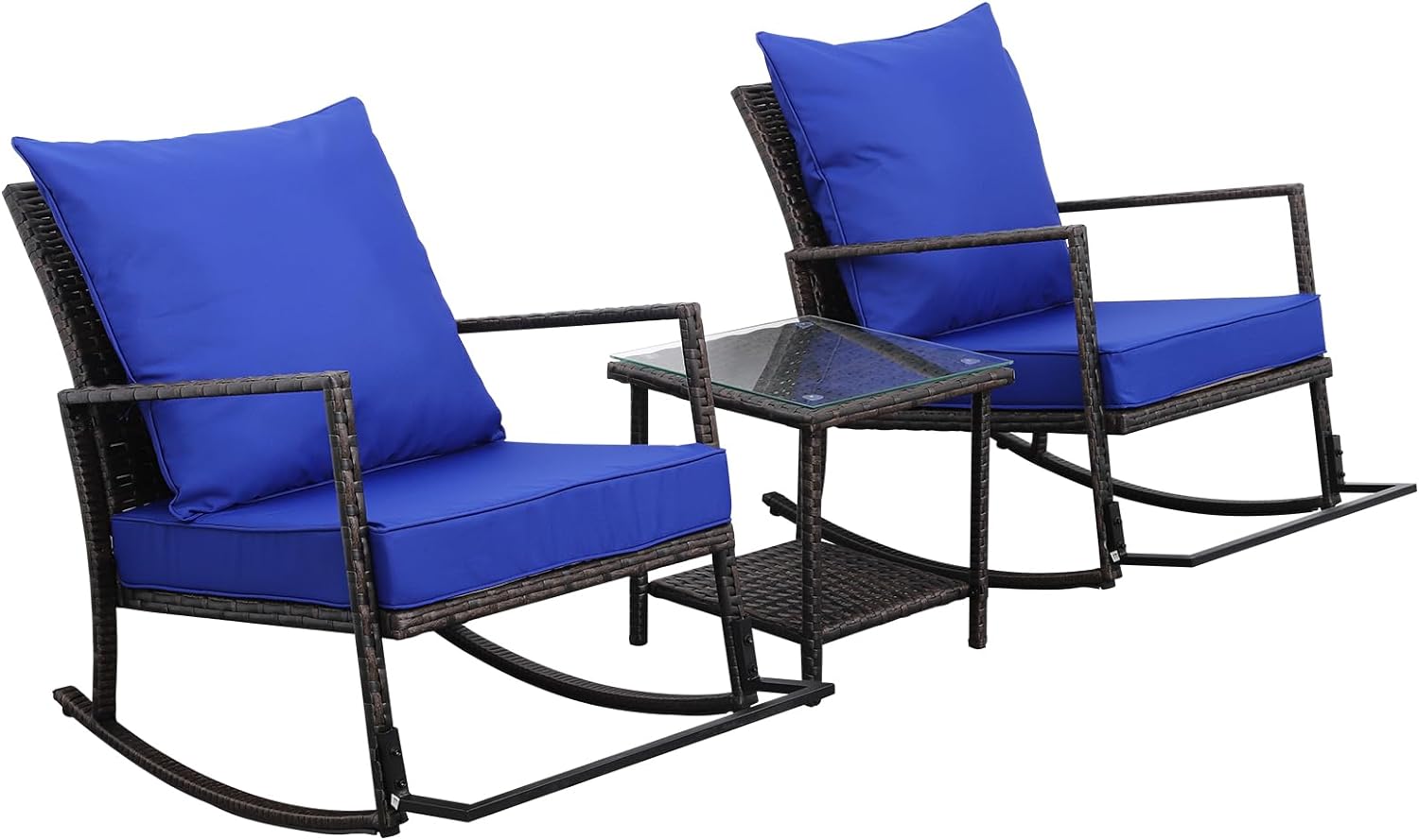 Rattaner Patio Rocking Chair Side Table 3 Pieces Outdoor Chairs Bistro Set with Tempered Glass Coffee Table Outdoor Table and Chairs Anti-Slip Cushions, Royal Blue
