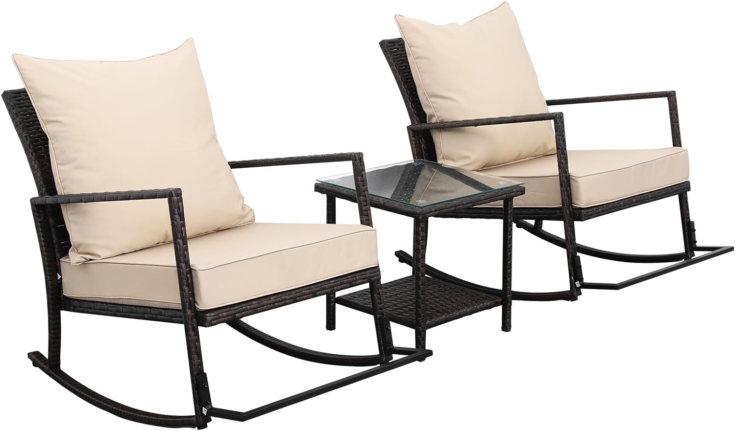 Rattaner Outdoor Chairs Bistro Set Patio Rocking Chair Side Table 3 Pieces with Tempered Glass Coffee Table Outdoor Table and Chairs Anti-Slip Cushions, Khaki