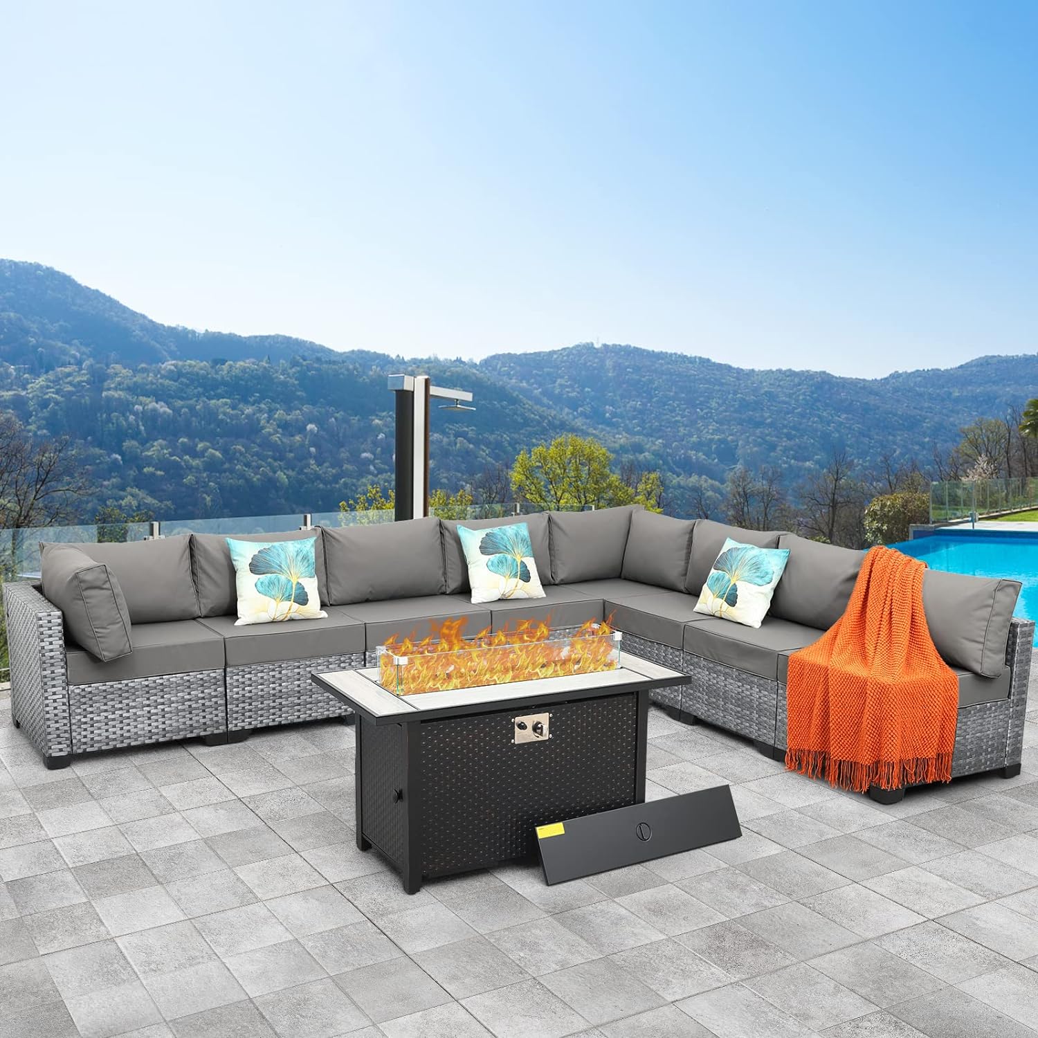 9 Pcs Patio Sectional Outdoor Furniture 45 Inches Fire Pit Outdoor Sectional Patio Furniture 60000 BTU Steel Propane Fire Pit Table Glass Wind Guard No-Slip 5 Cushions Waterproof Covers, Grey