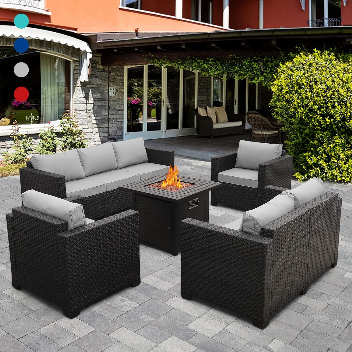 Patio Furniture Sectional Sofa 5-Piece 50000 BTU Propane Gas Fire Pit OutdoorWickerFurniture Set Square Steel Pit Table with No-Slip Cushions Furniture Covers Lava Rock Anti-Splash Mesh, Grey