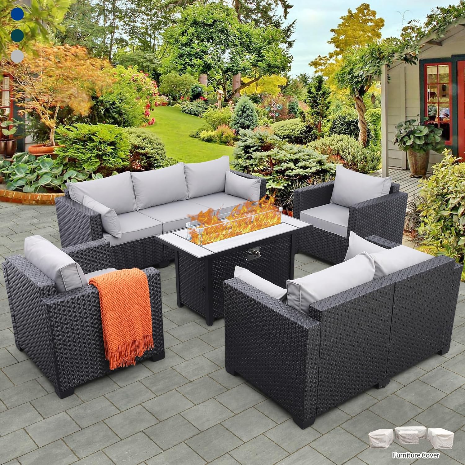 5 Pcs Outdoor Furniture Sets Patio Furniture Set with 45 Fire Pit Patio Couch Outdoor Chairs 60000 BTU Wicker Propane Fire Pit Table with No-slip Cushions and Waterproof Covers, Grey