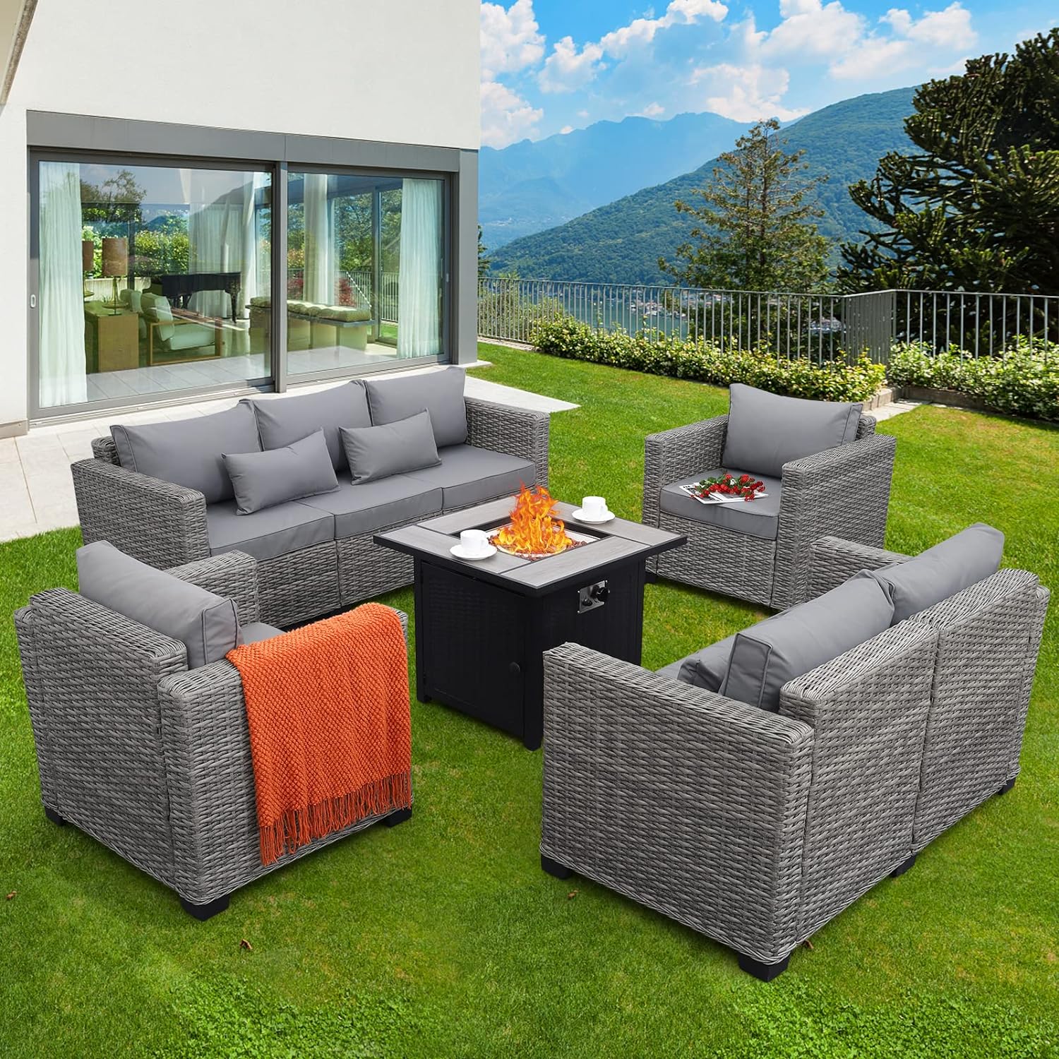 Rattaner 5 PCS Outdoor Furniture Sets Patio Furniture Set with 30-Inch Fire Pit Patio Couch Outdoor Chairs 50000 BTU Wicker Propane Fire Pit Table with No-Slip Cushions and Waterproof Covers, Grey