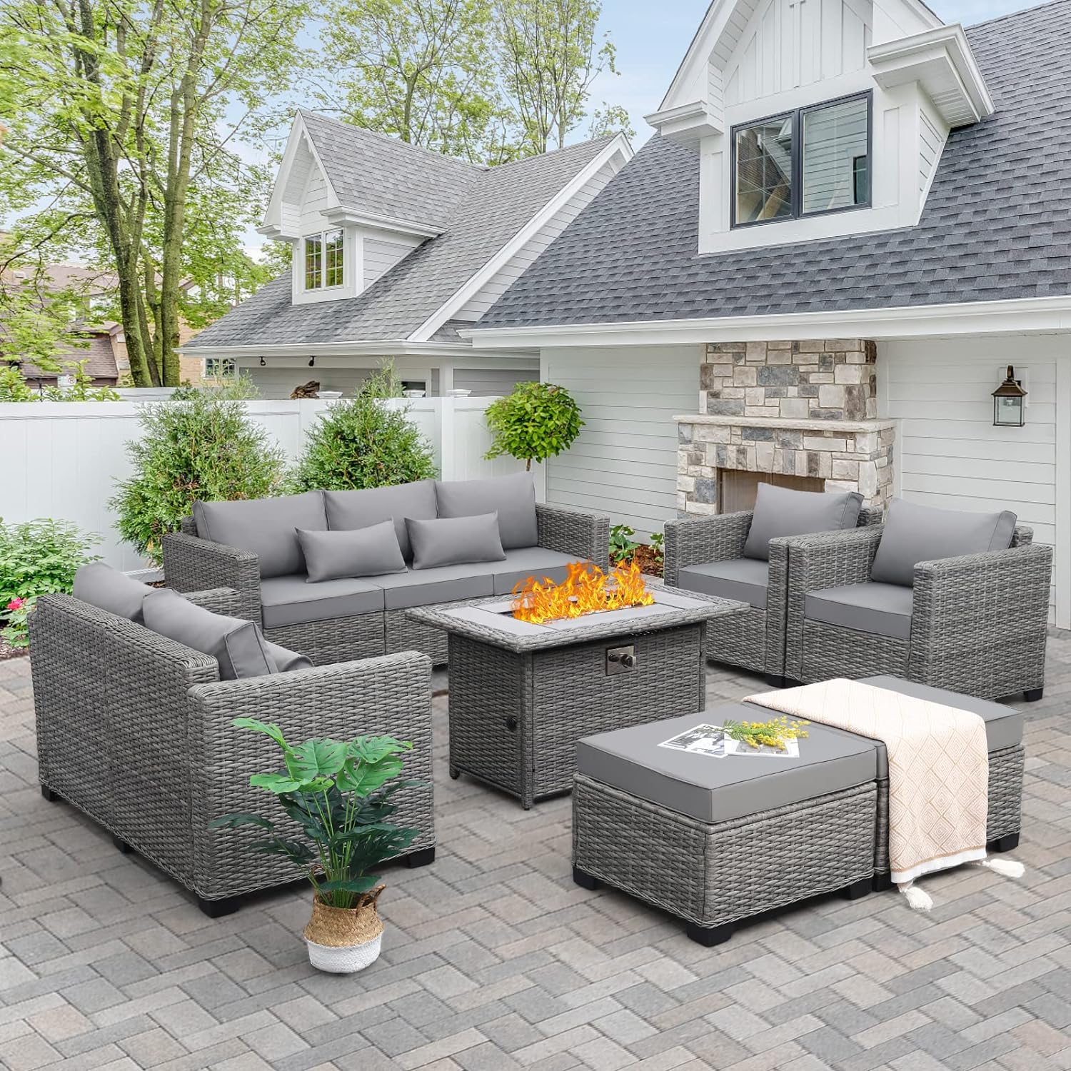 Rattaner 7-Piece Outdoor Furniture Sets Patio Furniture Set with 45-inch Fire Pit Patio Couch Outdoor Chairs 60000 BTU Wicker Propane Fire Pit Table with No-Slip Cushions Waterproof Covers, Grey