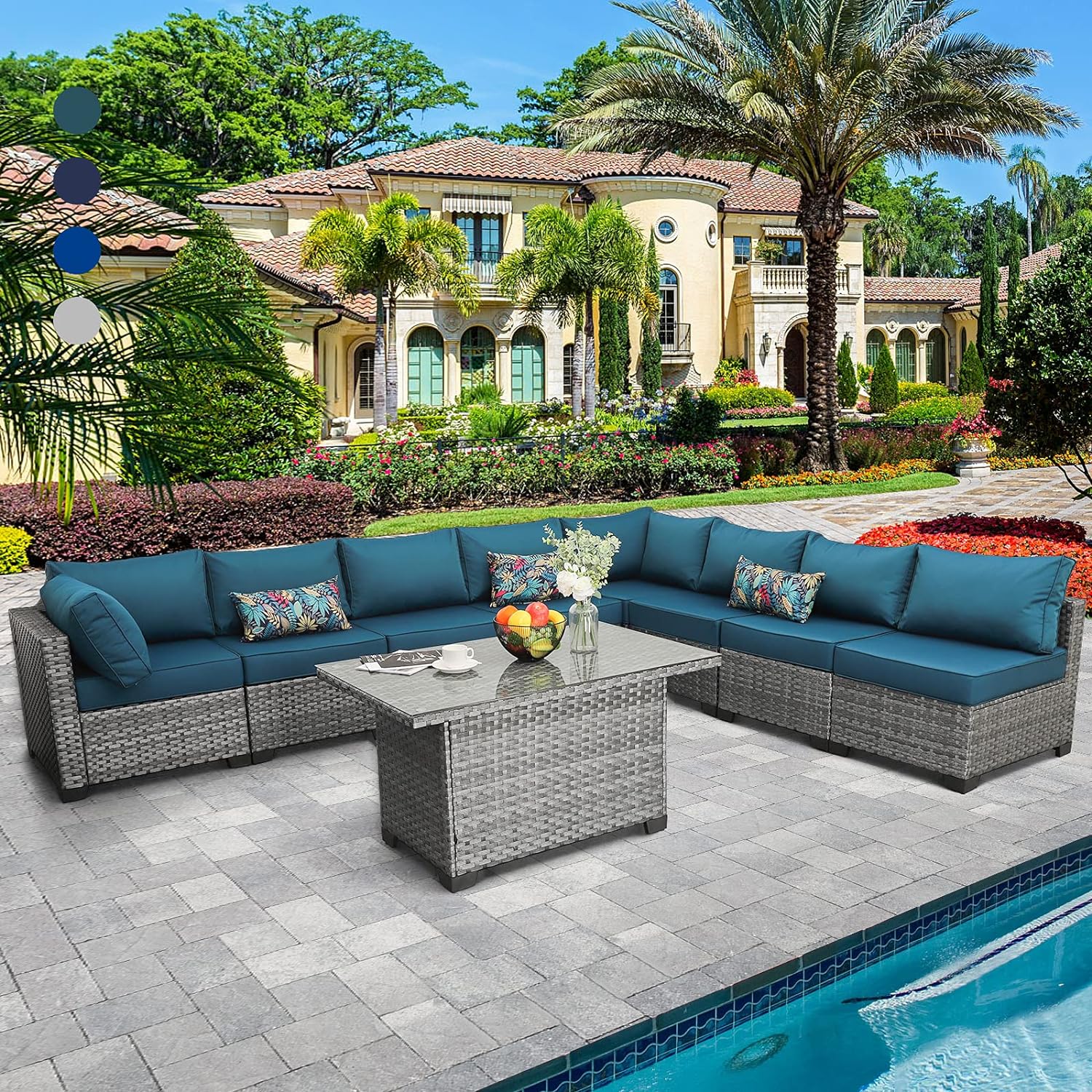 Rattaner Patio Furniture Sectional Sofa Set 9 Pieces Outdoor Wicker Furniture Couch Storage Glass Table with Thicken(5) Anti-Slip Peacock Blue Cushions Furniture Cover