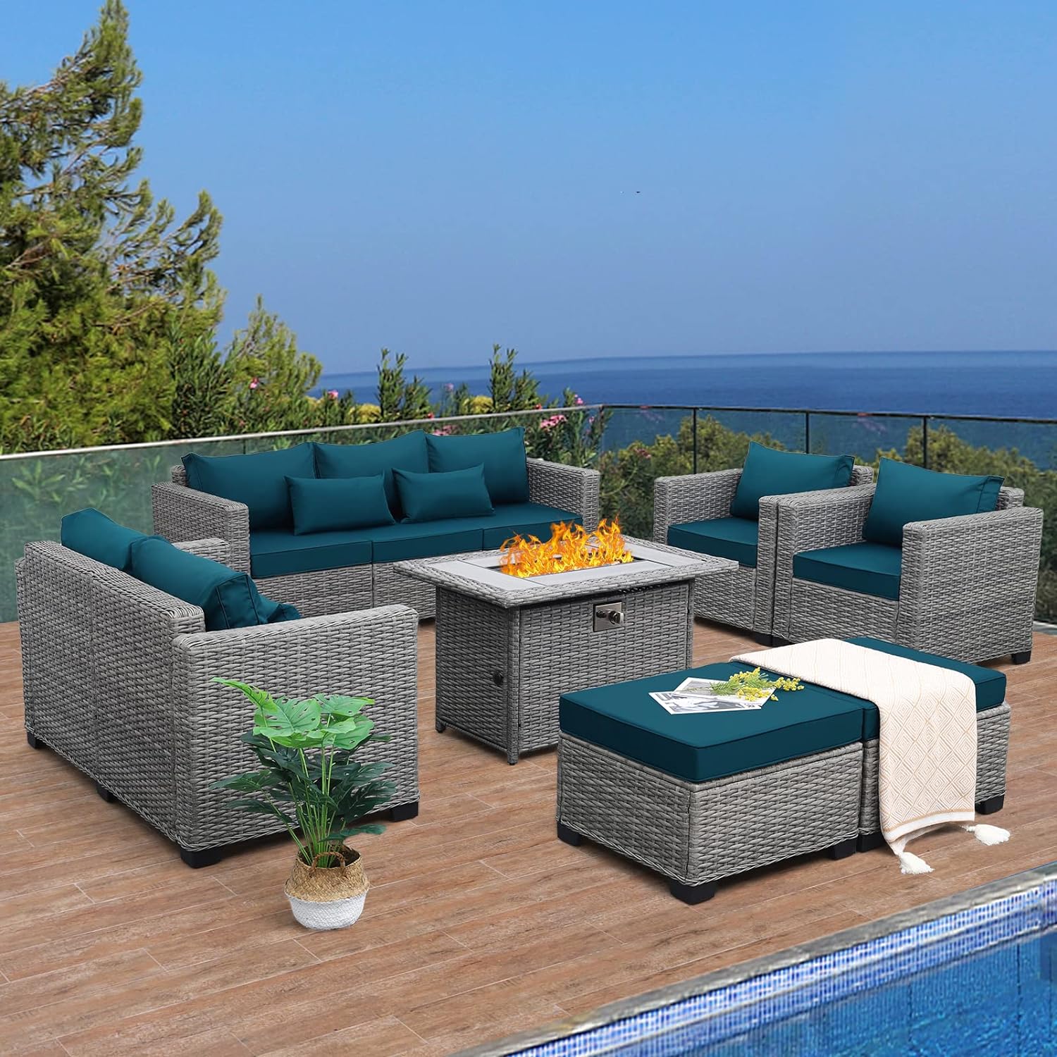 Patio Furniture Set with 45-Inch Fire Pit 7-Piece Outdoor Furniture Sets Patio Couch Outdoor Chairs 60000 BTU Wicker Propane Fire Pit Table No-Slip Cushions and Waterproof Covers, Peacock Blue